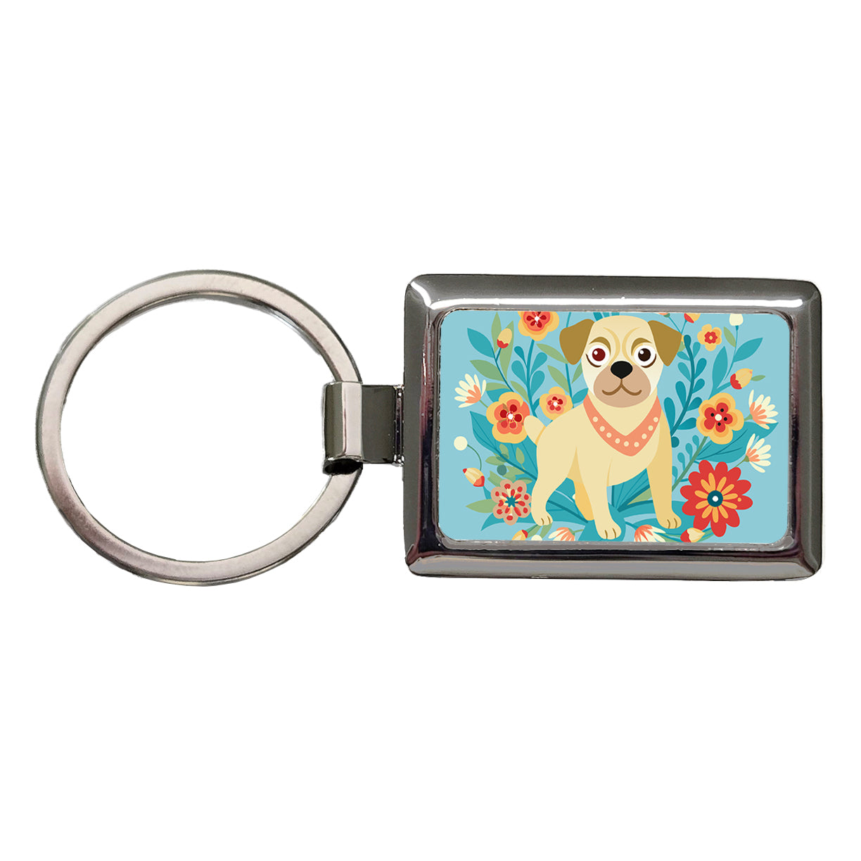 Puggle Floral Motif Blue Dog Rectangle Metal Keychain