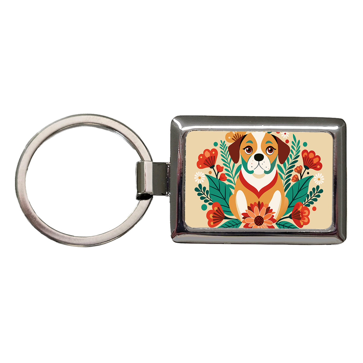 Puggle Floral Motif Dog Rectangle Metal Keychain