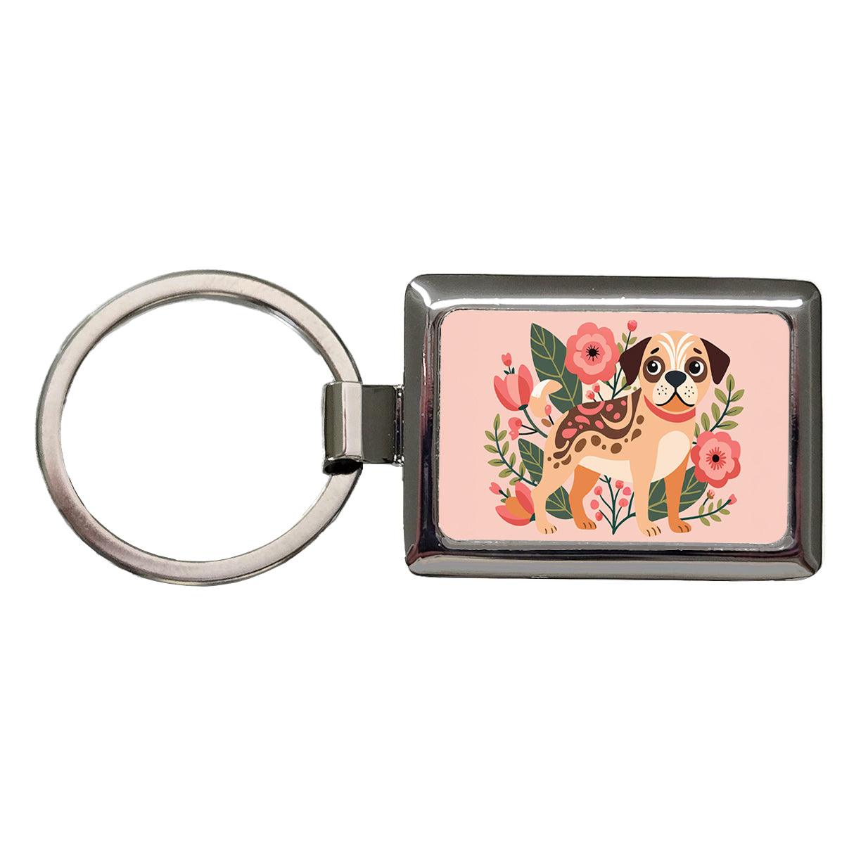 Puggle Floral Motif Pink Dog Rectangle Metal Keychain