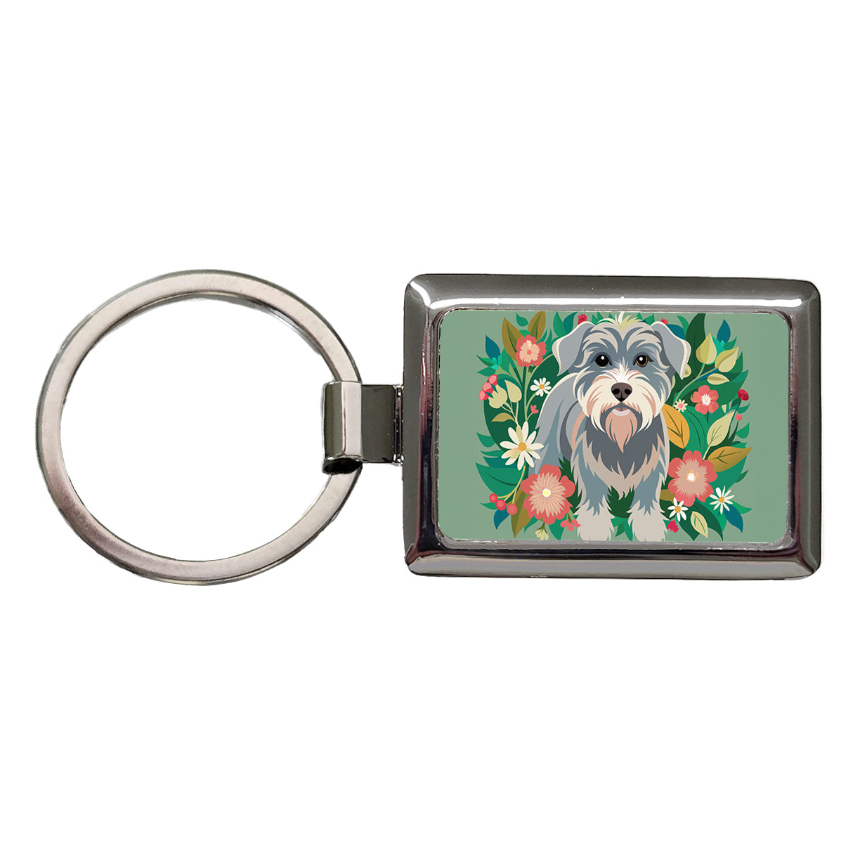 Schnoodle Floral Motif Green Dog Rectangle Metal Keychain