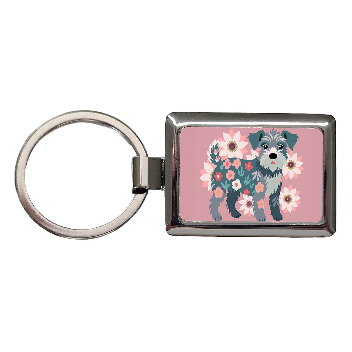 Schnoodle Floral Motif Pink Dog Rectangle Metal Keychain