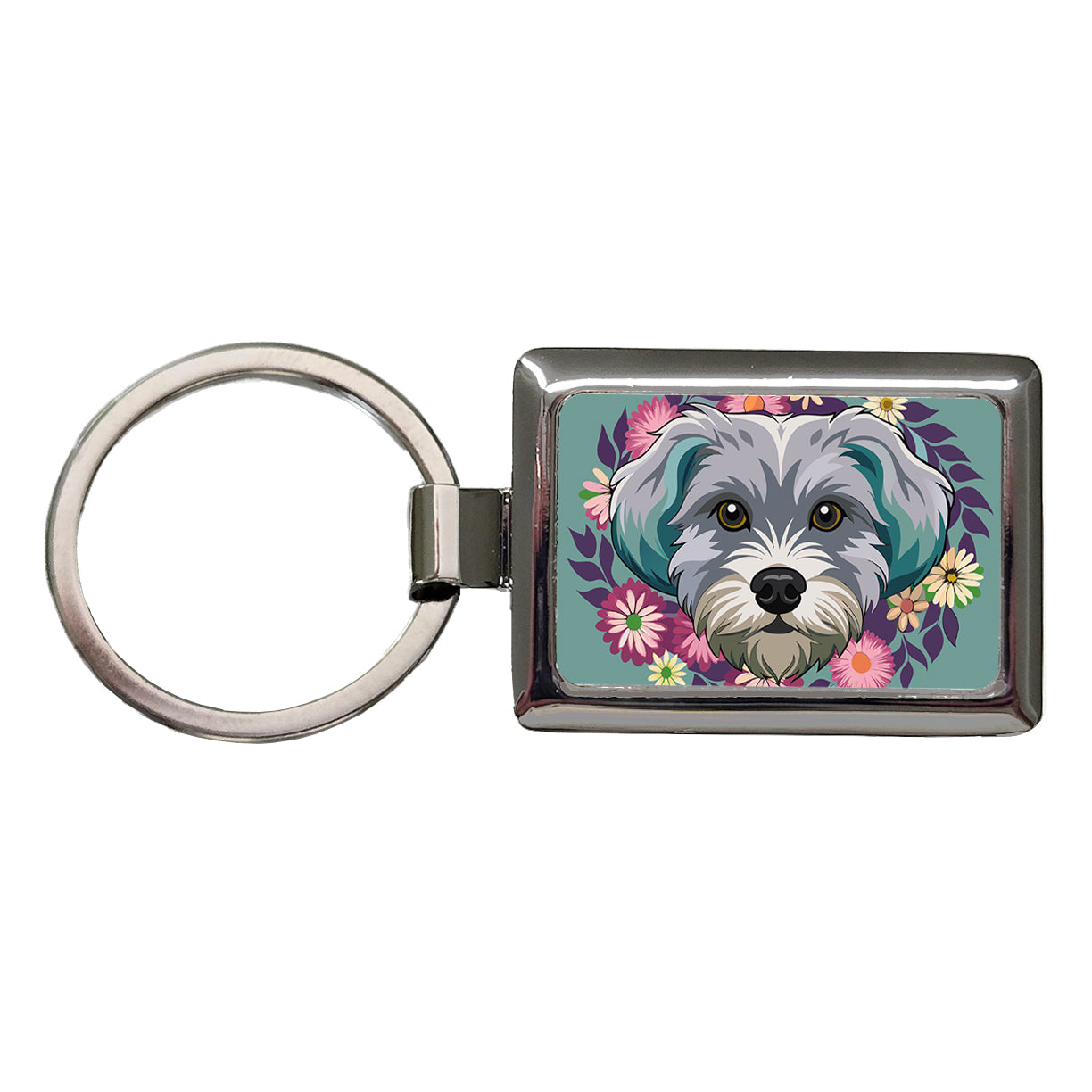 Schnoodle Head Floral Motif Dog Cute Rectangle Metal Keychain