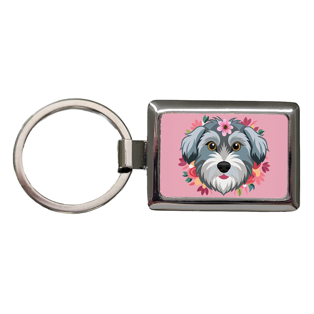 Schnoodle Head Floral Motif Pink Dog Rectangle Metal Keychain