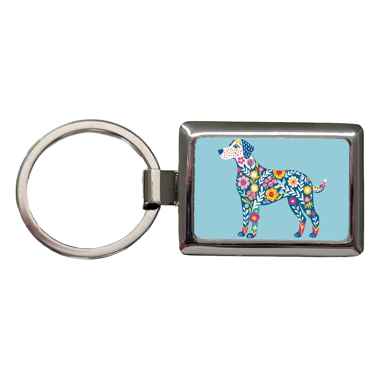 Weimador Floral Motif Blue Dog Rectangle Metal Keychain