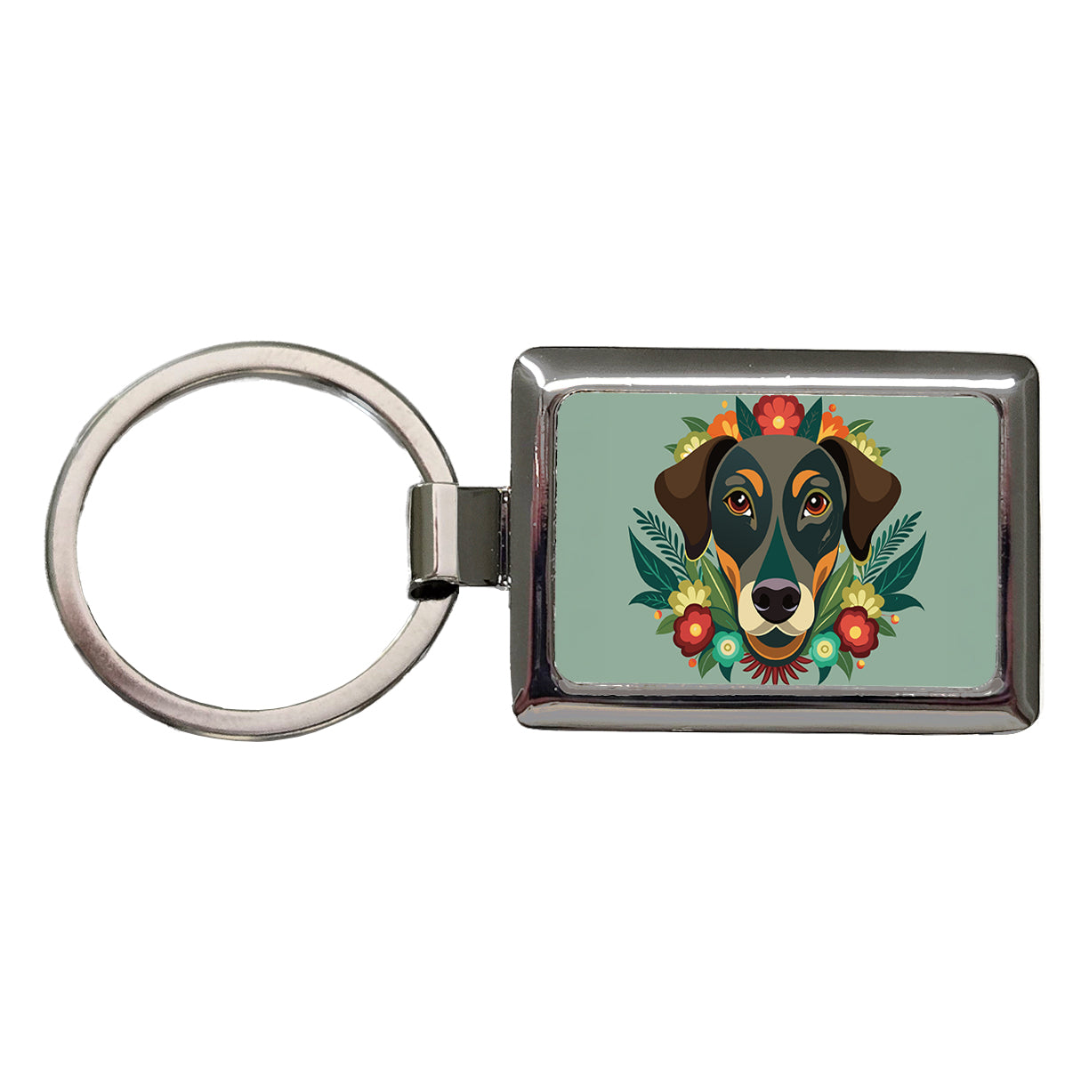 Weimador Head Floral Motif Gray Dog Rectangle Metal Keychain