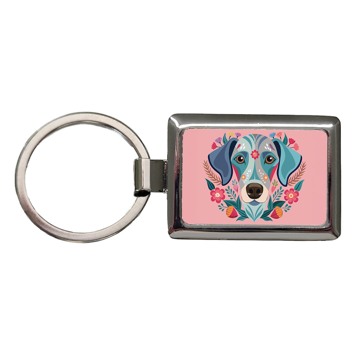 Weimador Head Floral Motif Light Pink Dog Rectangle Metal Keychain
