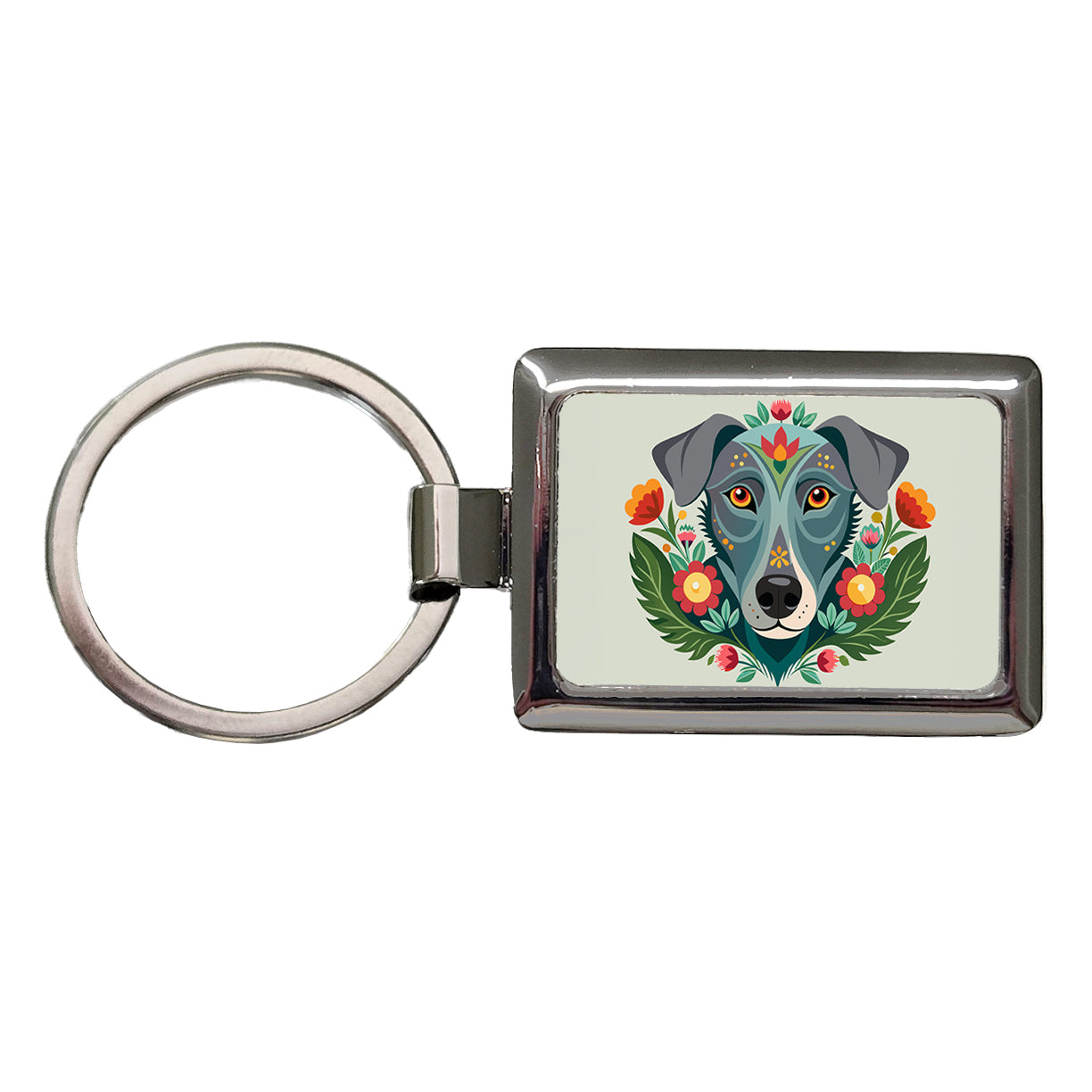 Weimador Head Floral Motif Rectangle Metal Keychain