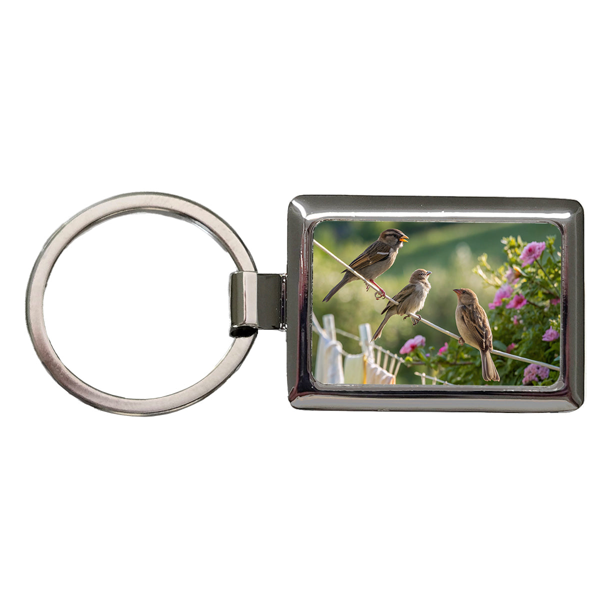 Birds On A Clothesline Rectangle Metal Keychain