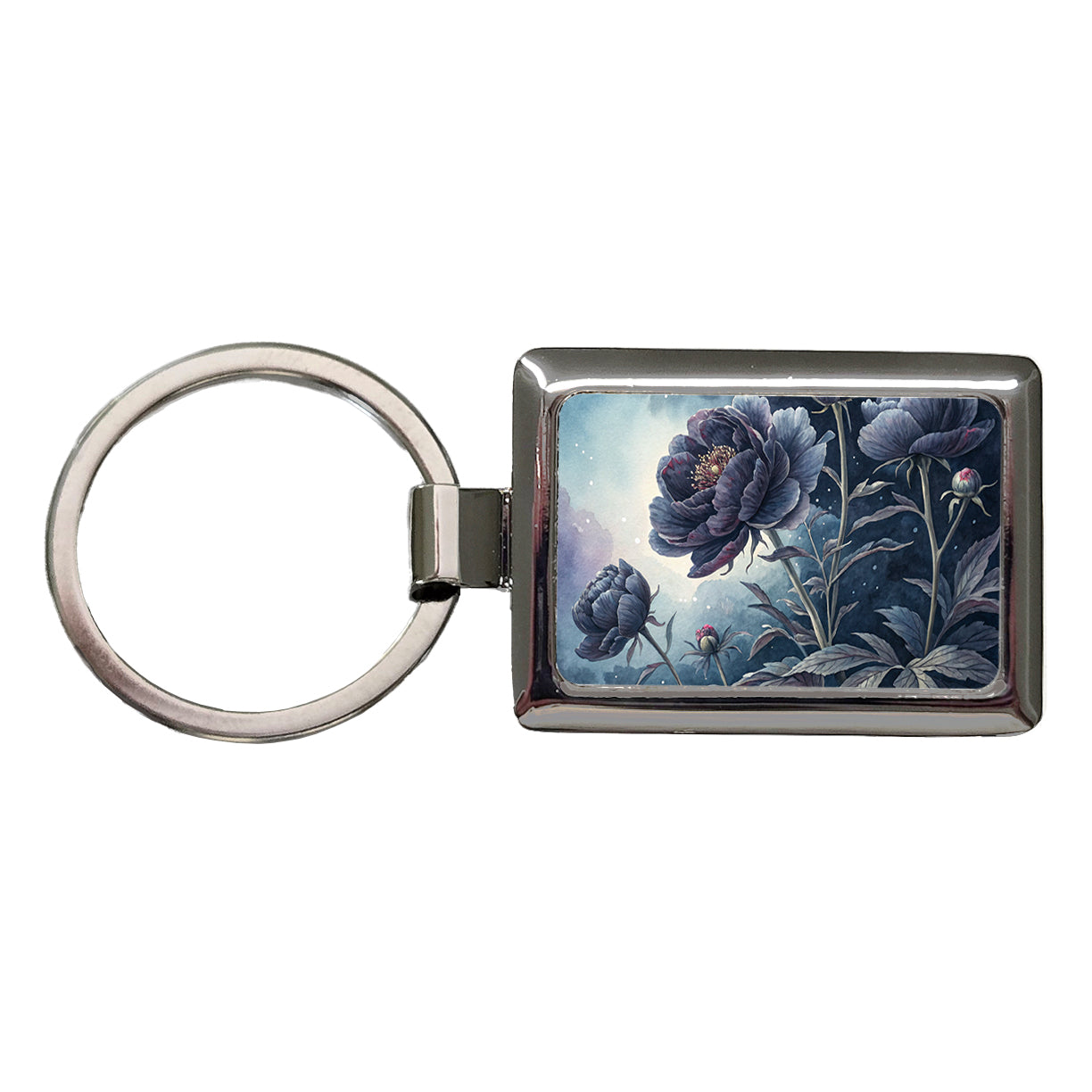 Black Peony Flowers Rectangle Metal Keychain