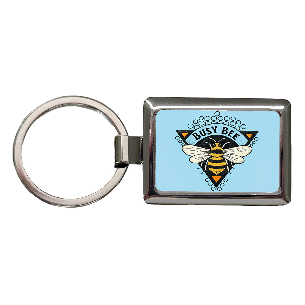 Busy Bee Blue Rectangle Metal Keychain