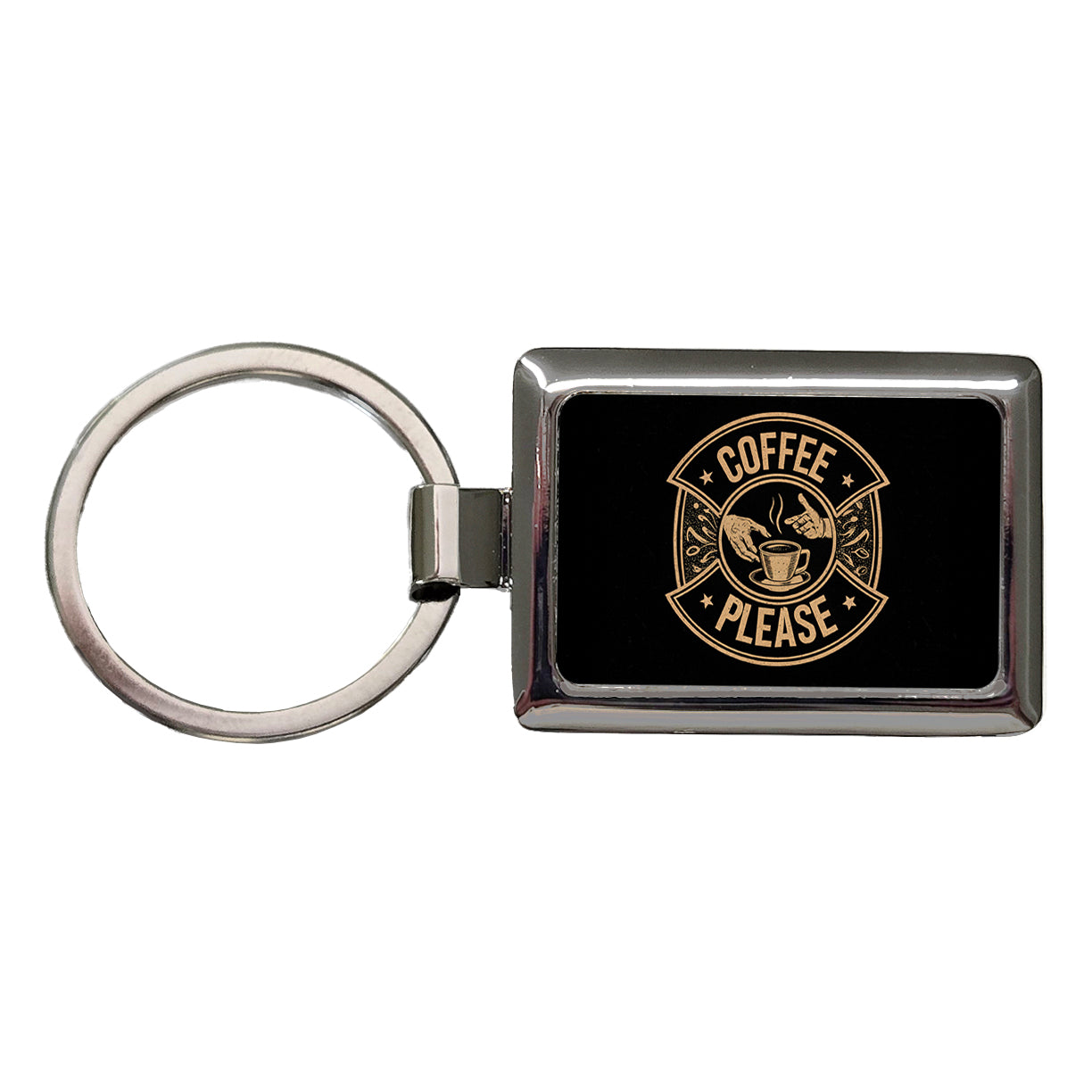 Coffee Please Black Tan Rectangle Metal Keychain