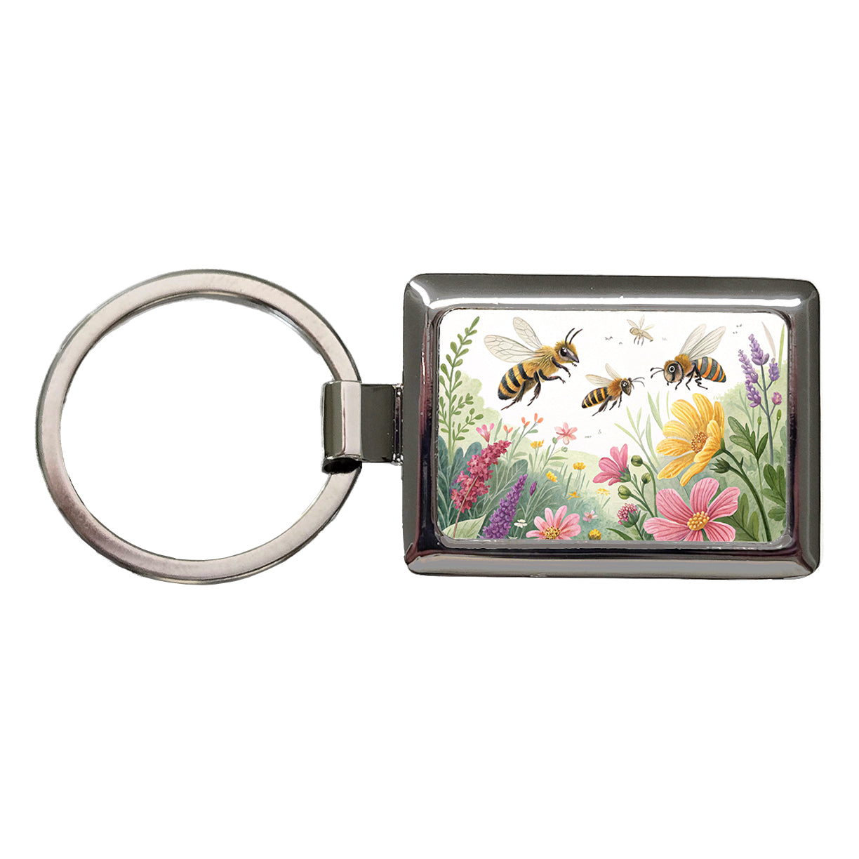 Flying Bees Flowers Rectangle Metal Keychain