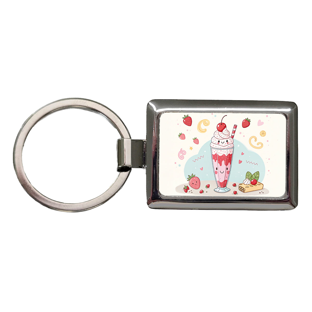Kawaii Strawberry Milk Shake Rectangle Metal Keychain