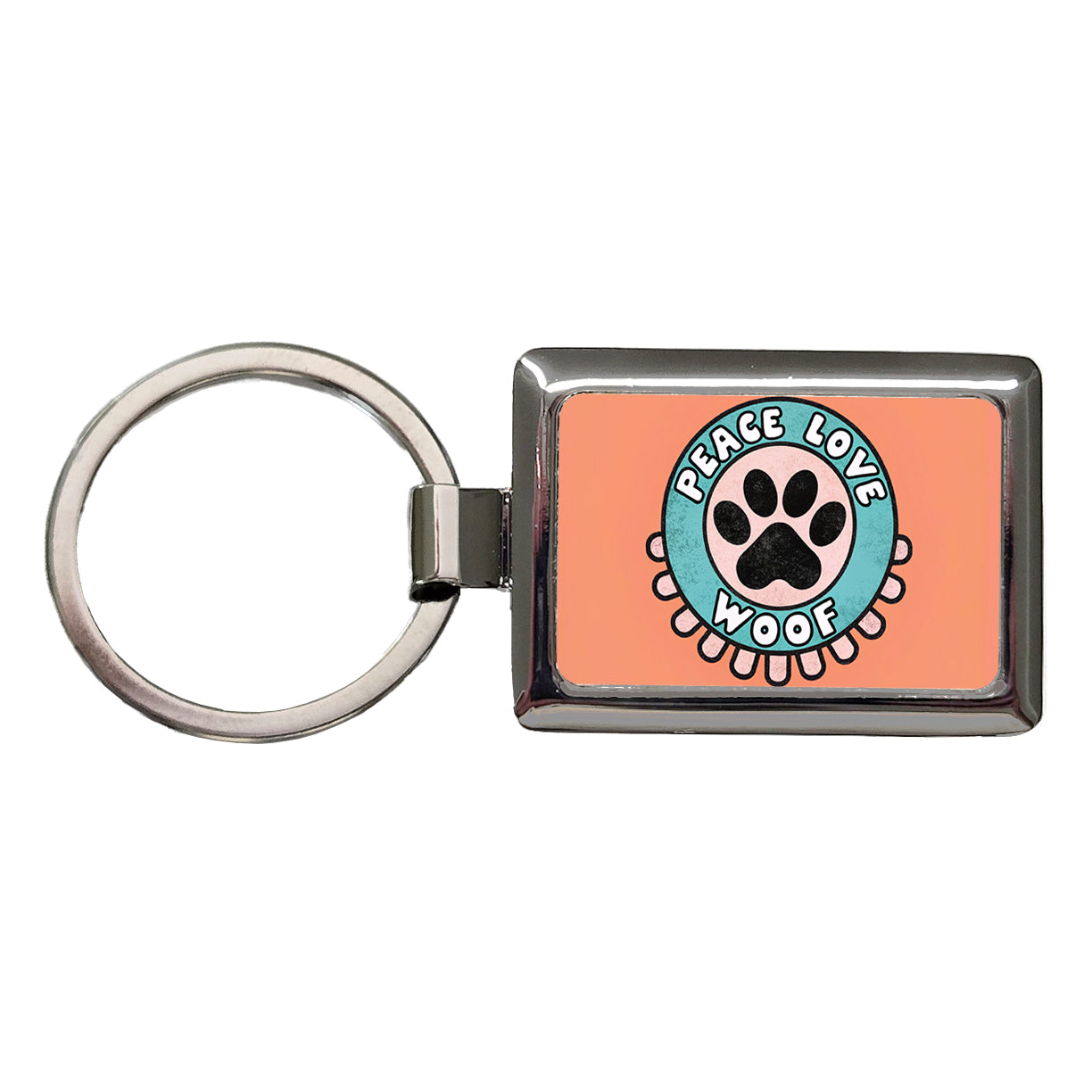 Peace Love Woof Dogs Paw Print Rectangle Metal Keychain