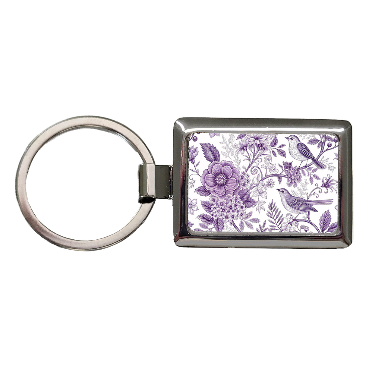 Purple On White Toile With Birds Rectangle Metal Keychain