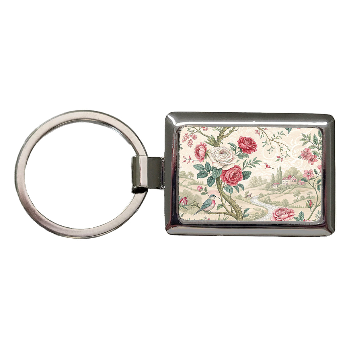 Toile Pattern Flowers Birds Rectangle Metal Keychain