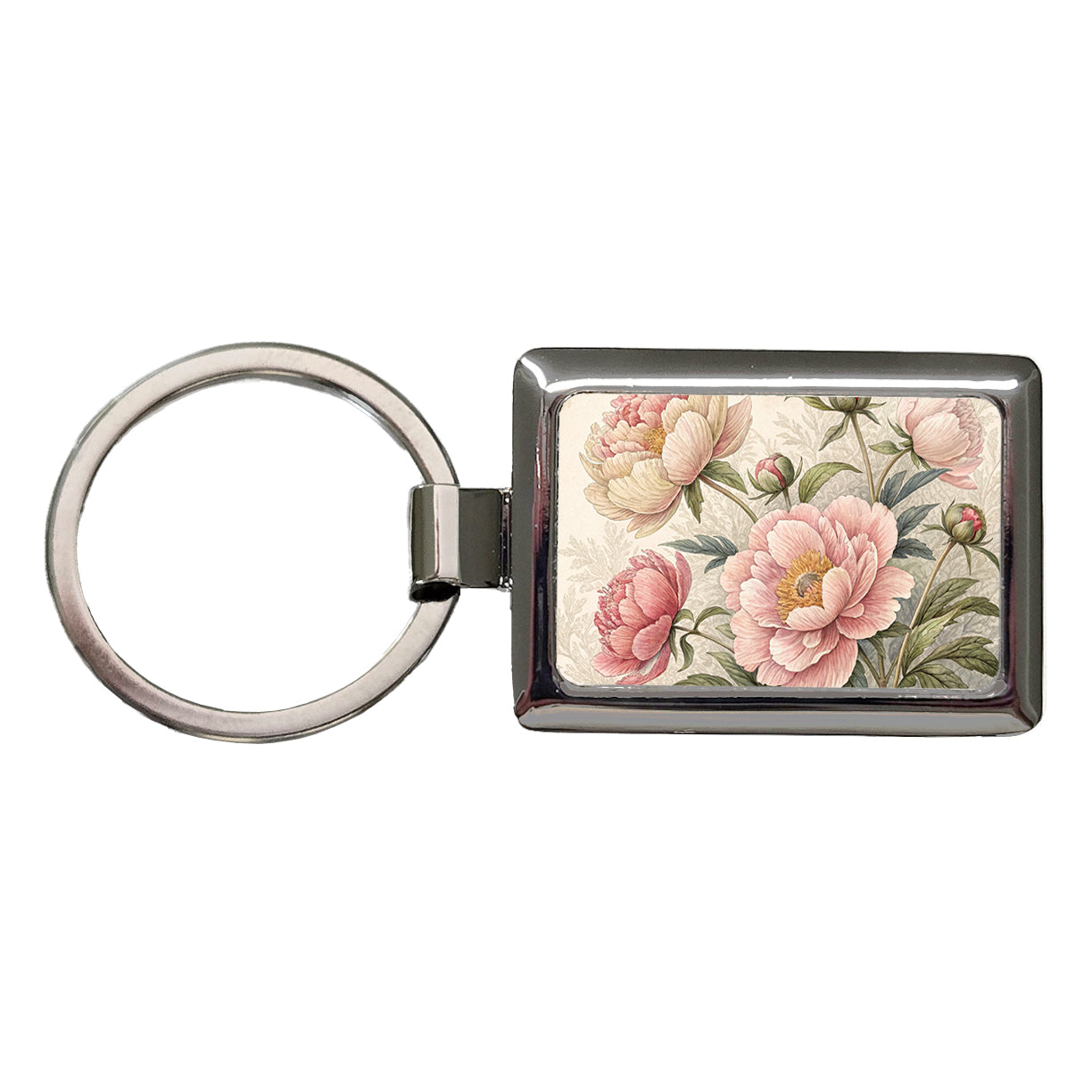 Vintage Peony Flowers Rectangle Metal Keychain