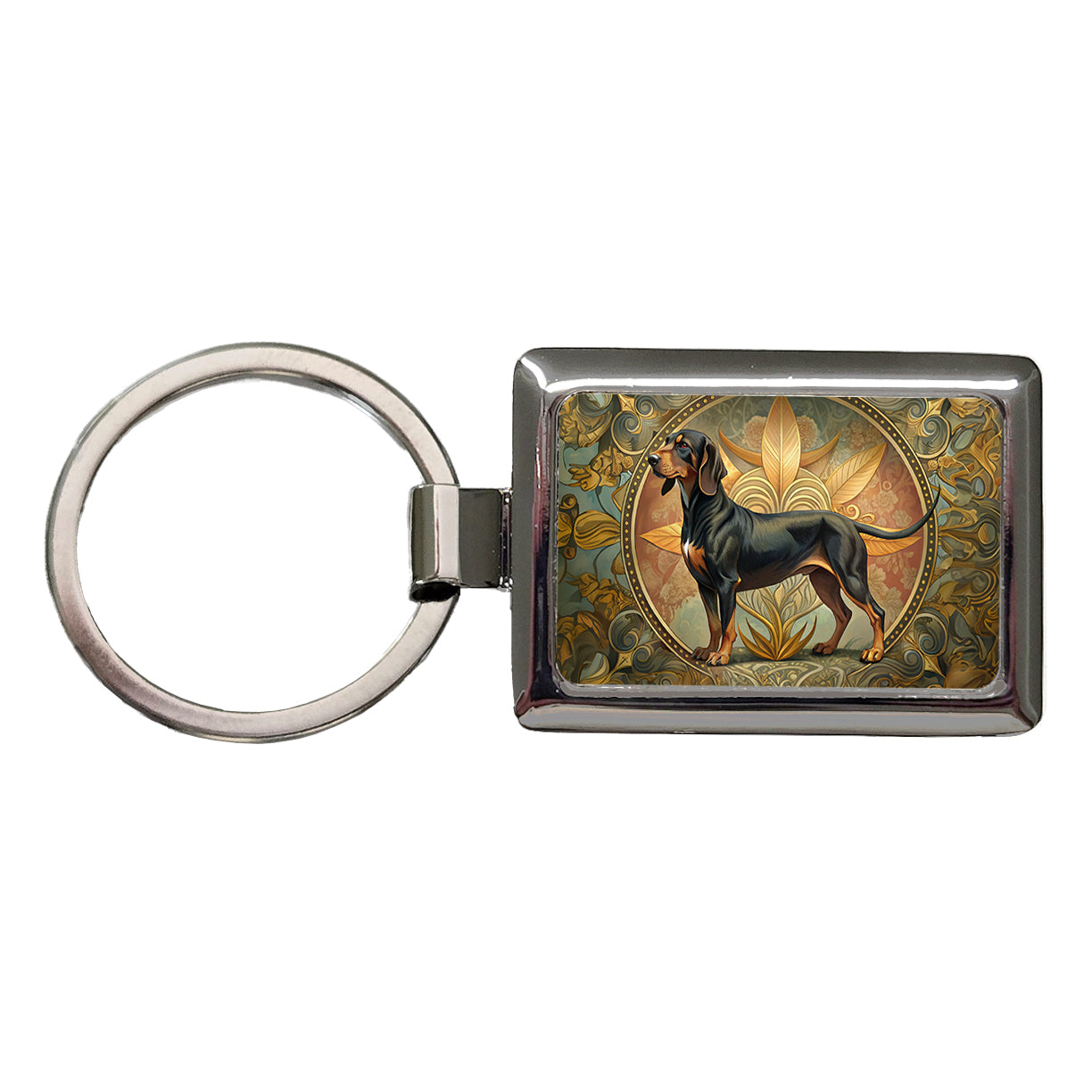 Black And Tan Coonhound Dog Art Nouveau Rectangle Metal Keychain