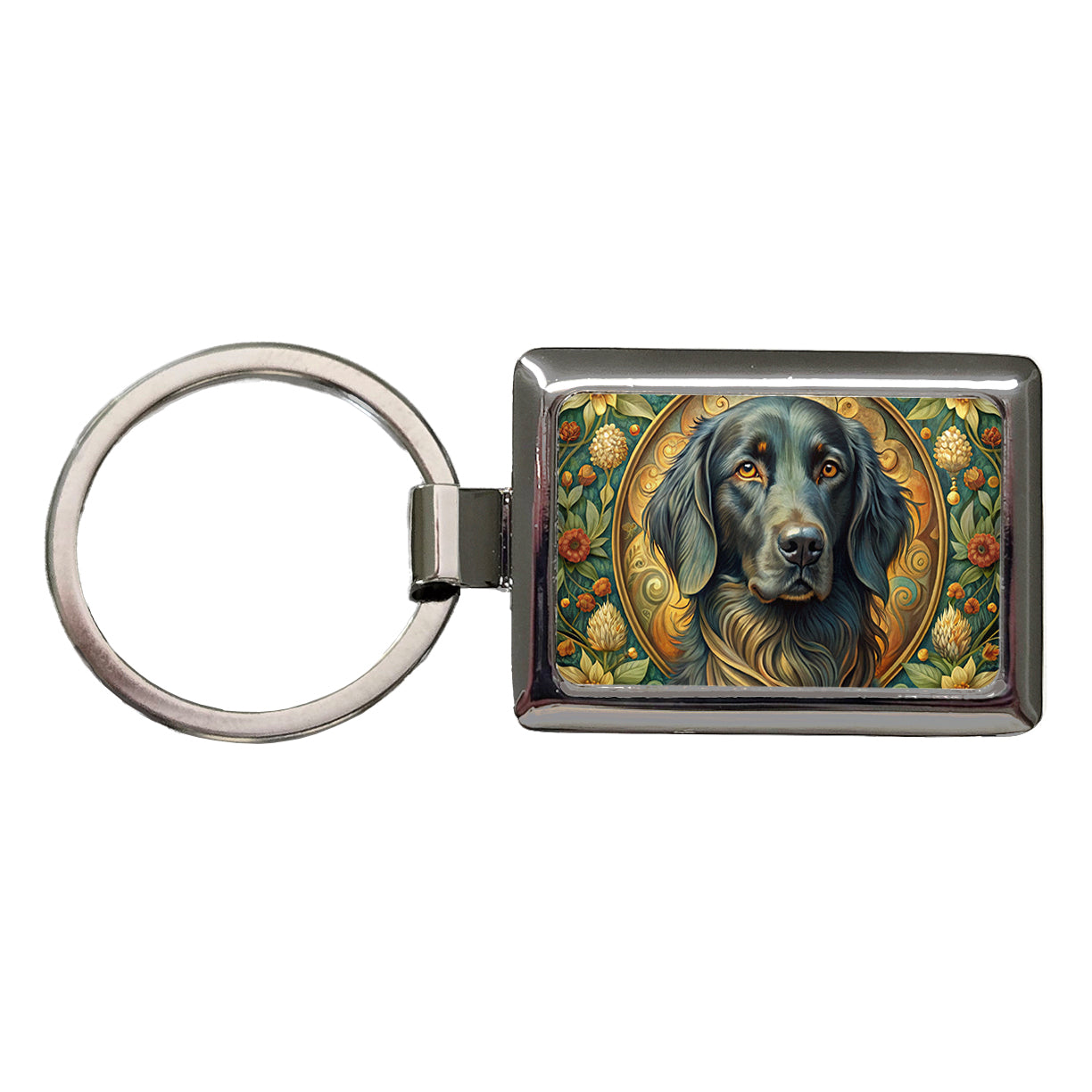 Flat Coated Retriever Dog Art Nouveau Rectangle Metal Keychain