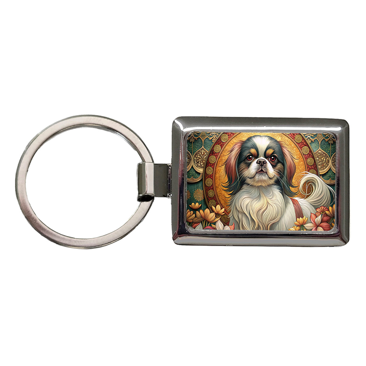 Japanese Chin Dog Art Nouveau Rectangle Metal Keychain