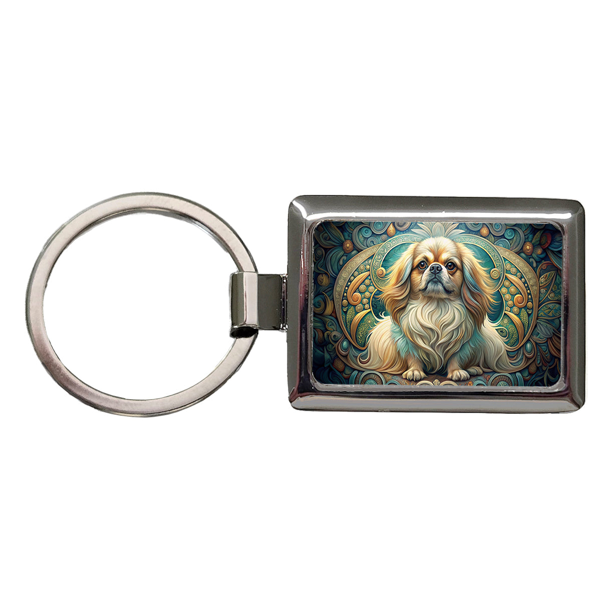 Pekingese Dog Art Nouveau Rectangle Metal Keychain