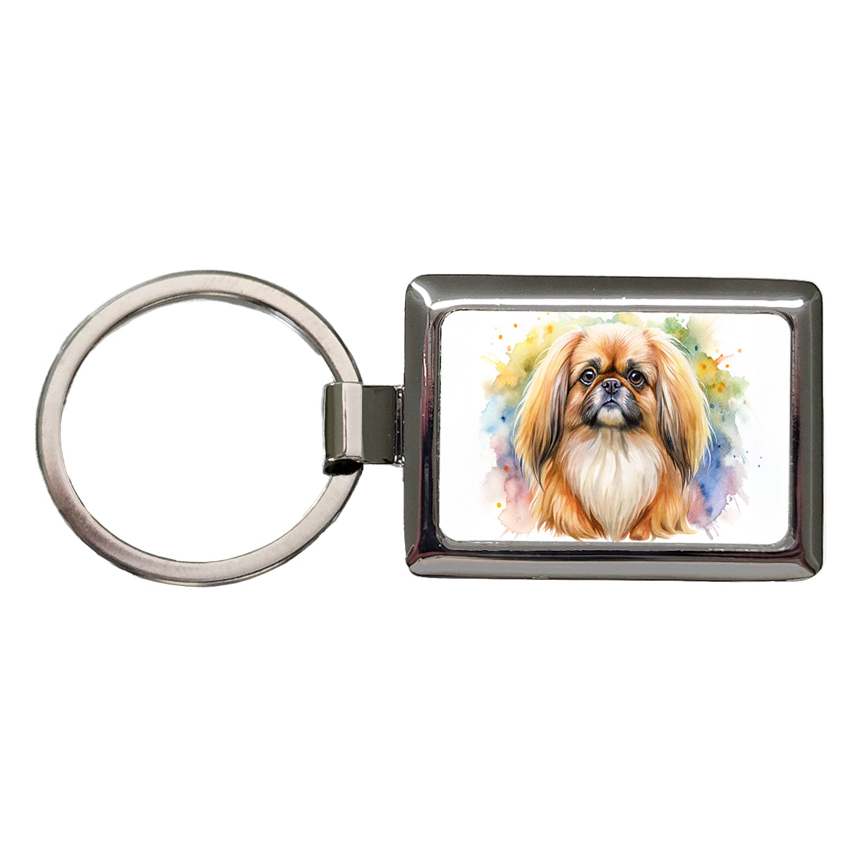 Pekingese Dog Watercolor Style Rectangle Metal Keychain