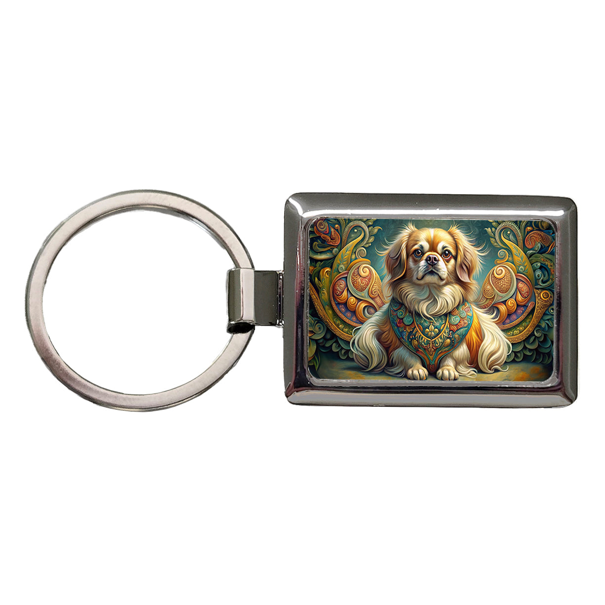 Tibetan Spaniel Dog Art Nouveau Rectangle Metal Keychain
