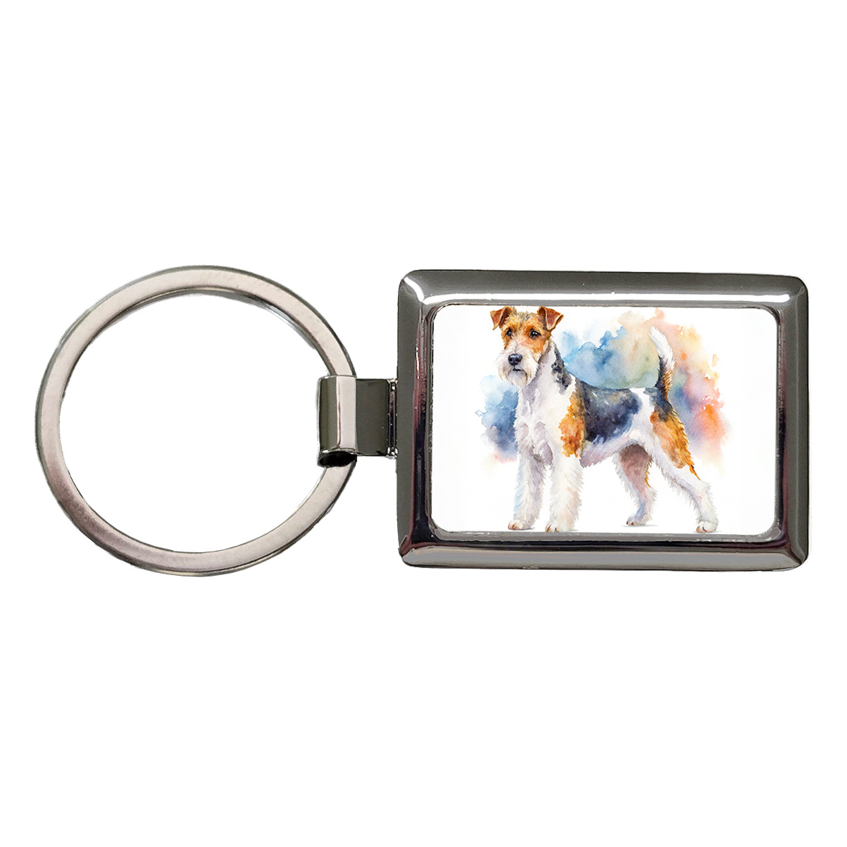 Wire Fox Terrier Dog Watercolor Style Rectangle Metal Keychain