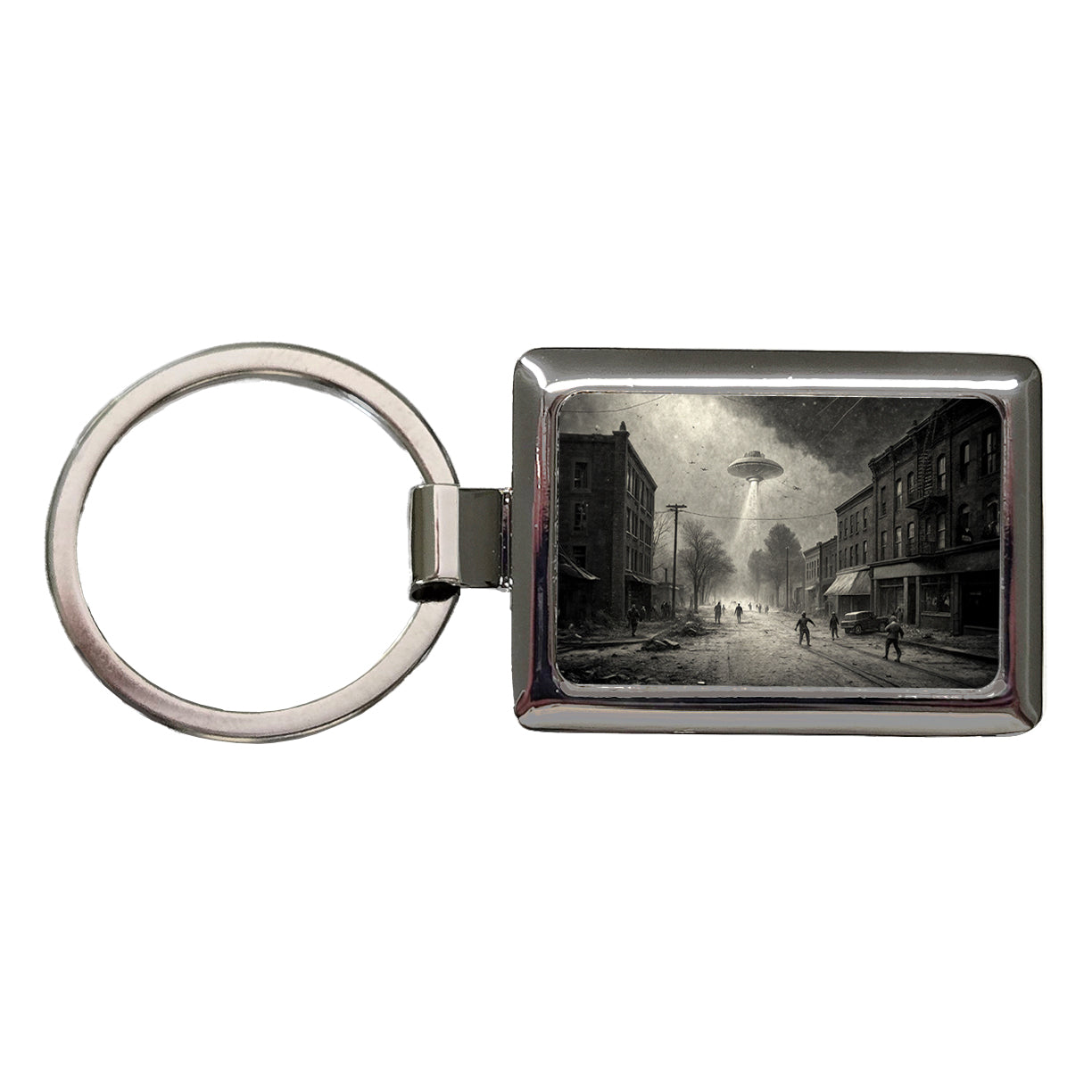 Alien Invasion Found Footage Black and White Rectangle Metal Keychain