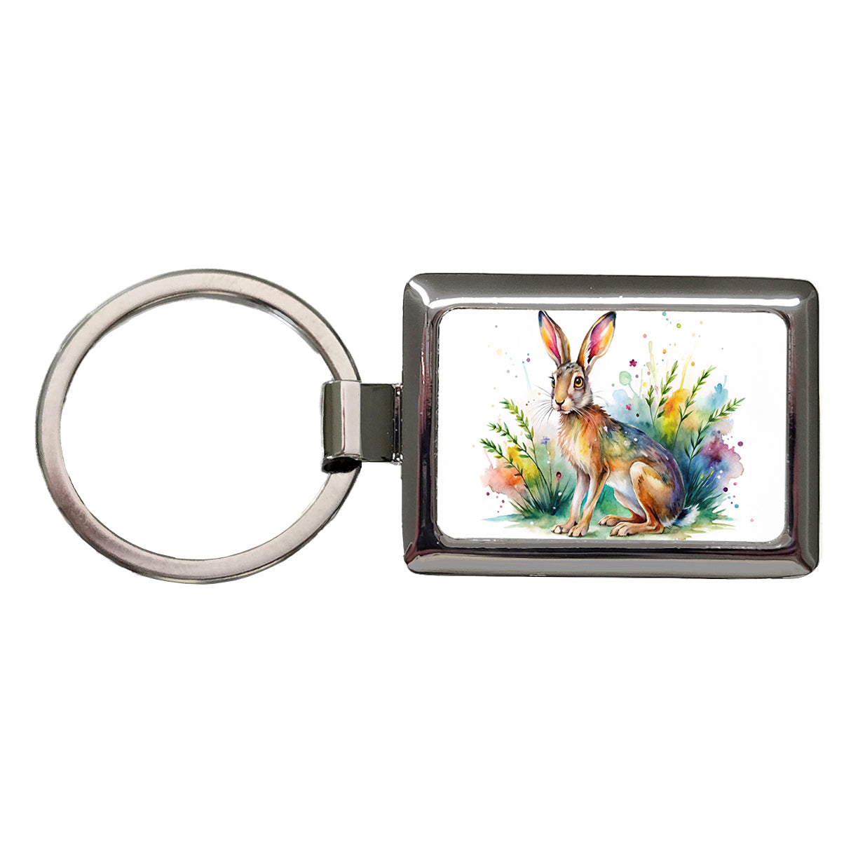 Jackrabbit Watercolor Rectangle Metal Keychain