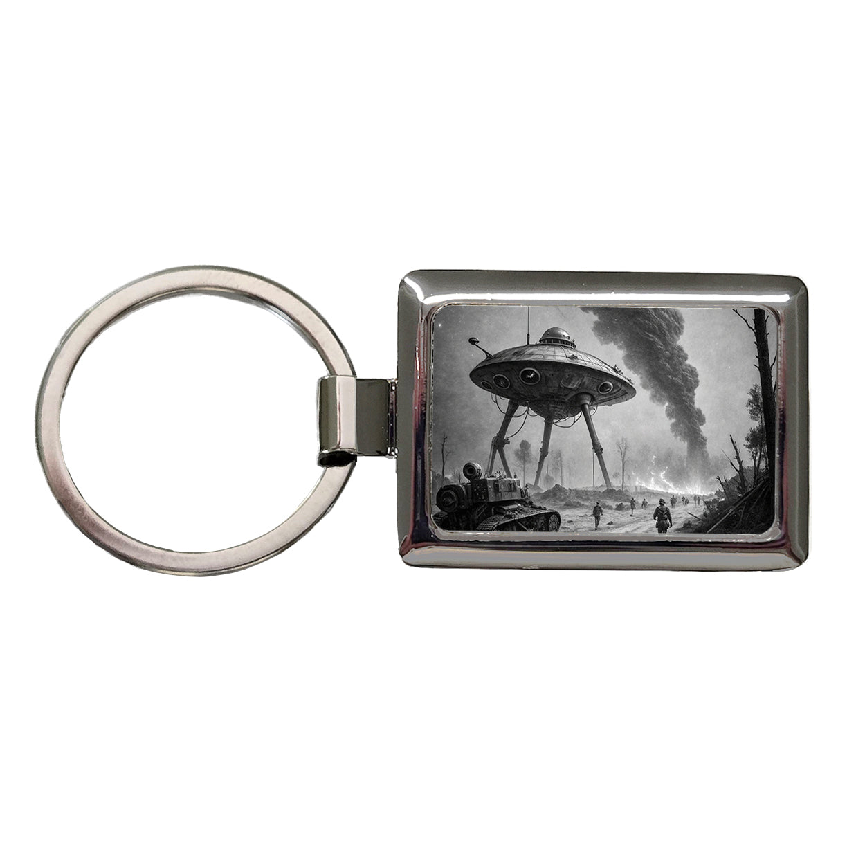 Martian Alien Invasion Tripod War Machine Retro Black and White Rectangle Metal Keychain