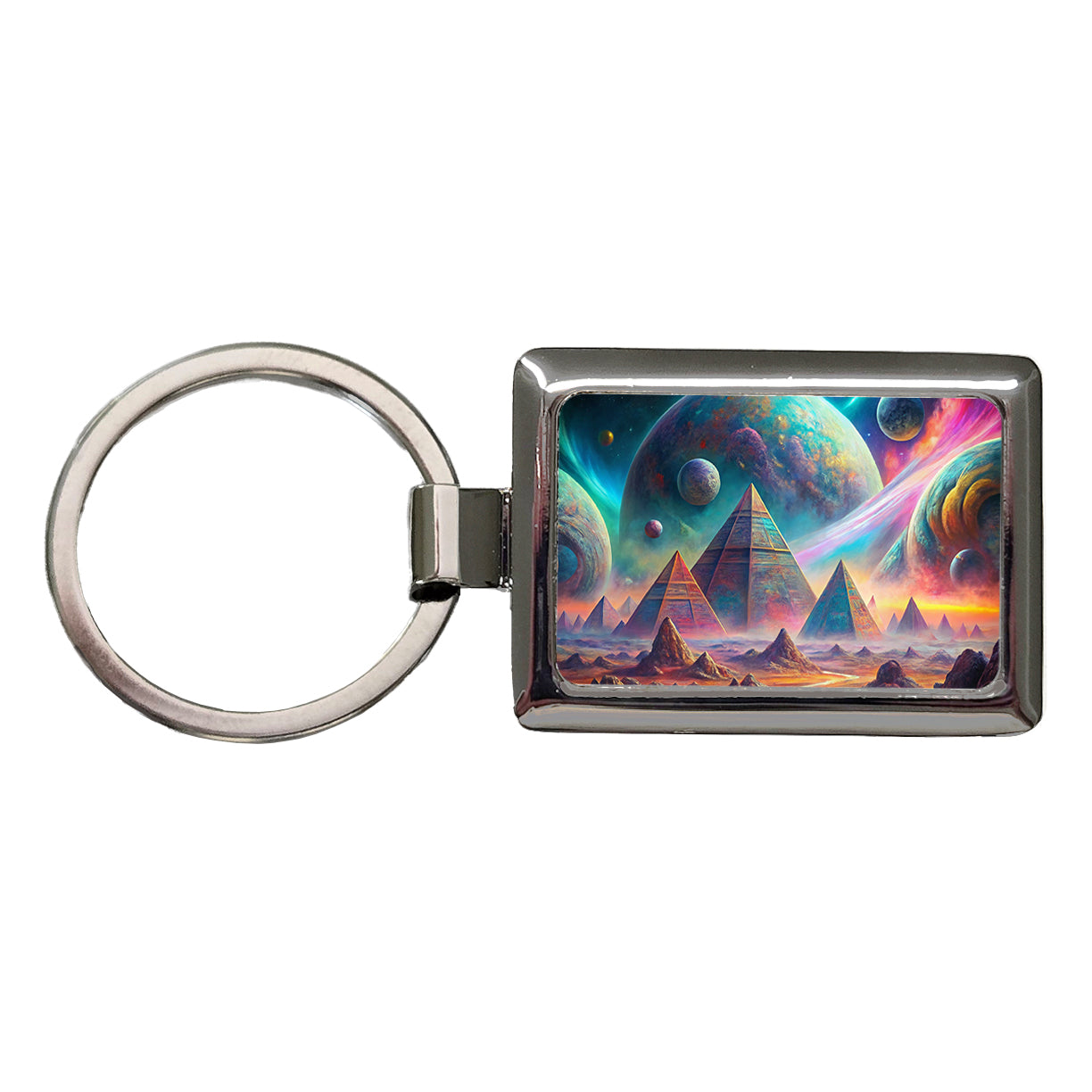 Psychedelic Alien Planet With Pyramids Vibrant Colors Rectangle Metal Keychain