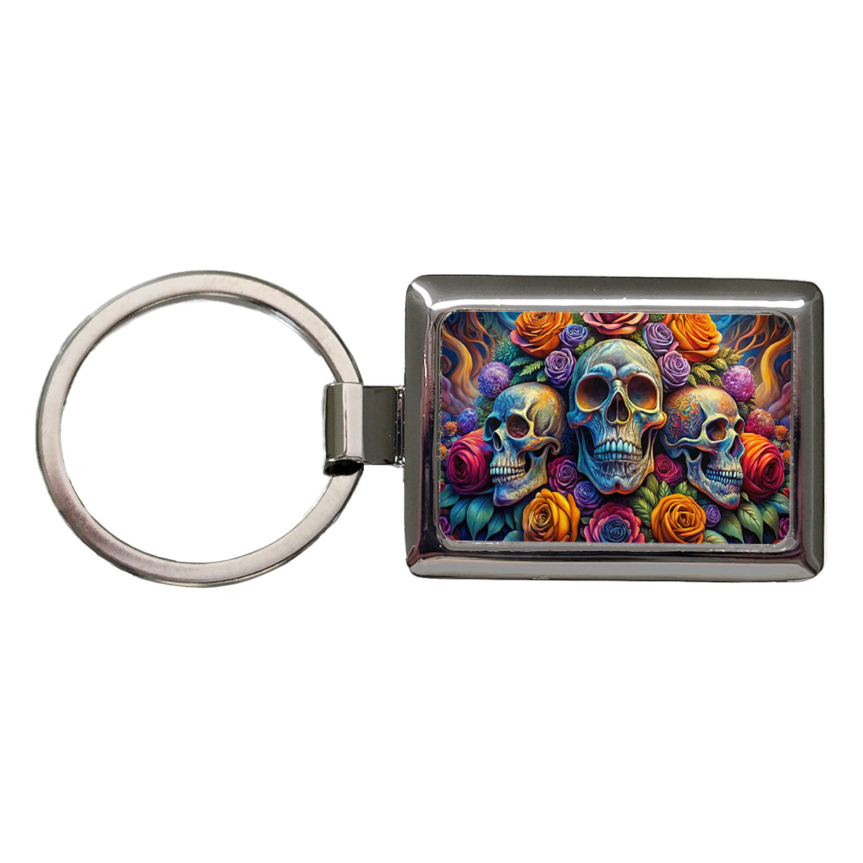 Psychedelic Colorful Skulls And Roses Rectangle Metal Keychain