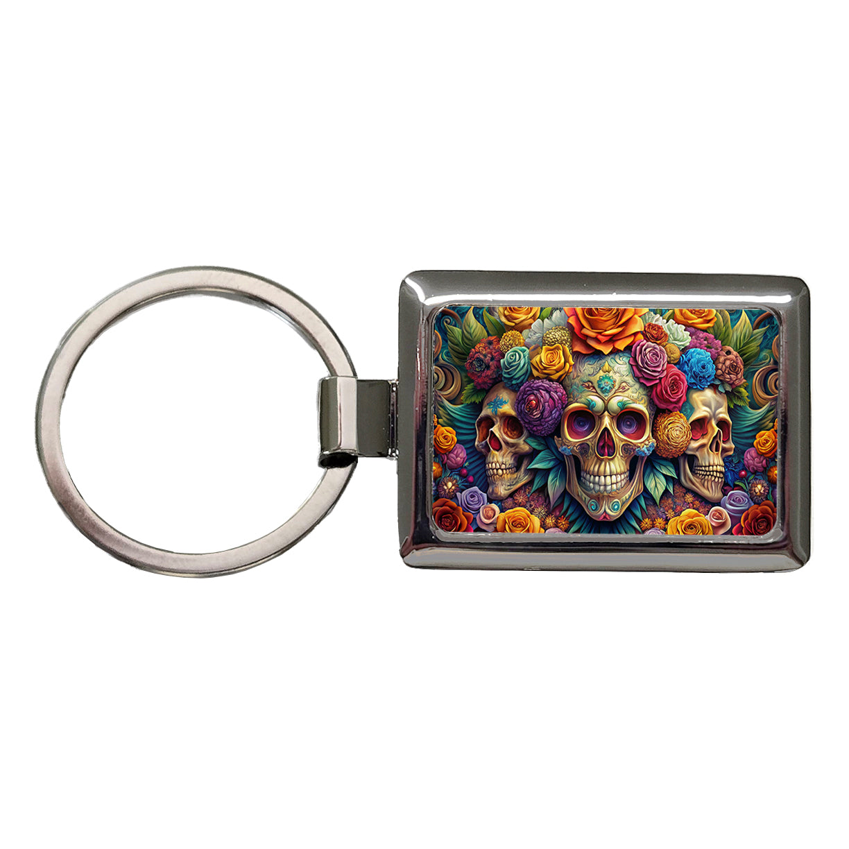 Psychedelic Colorful Skulls Flowers And Roses Rectangle Metal Keychain