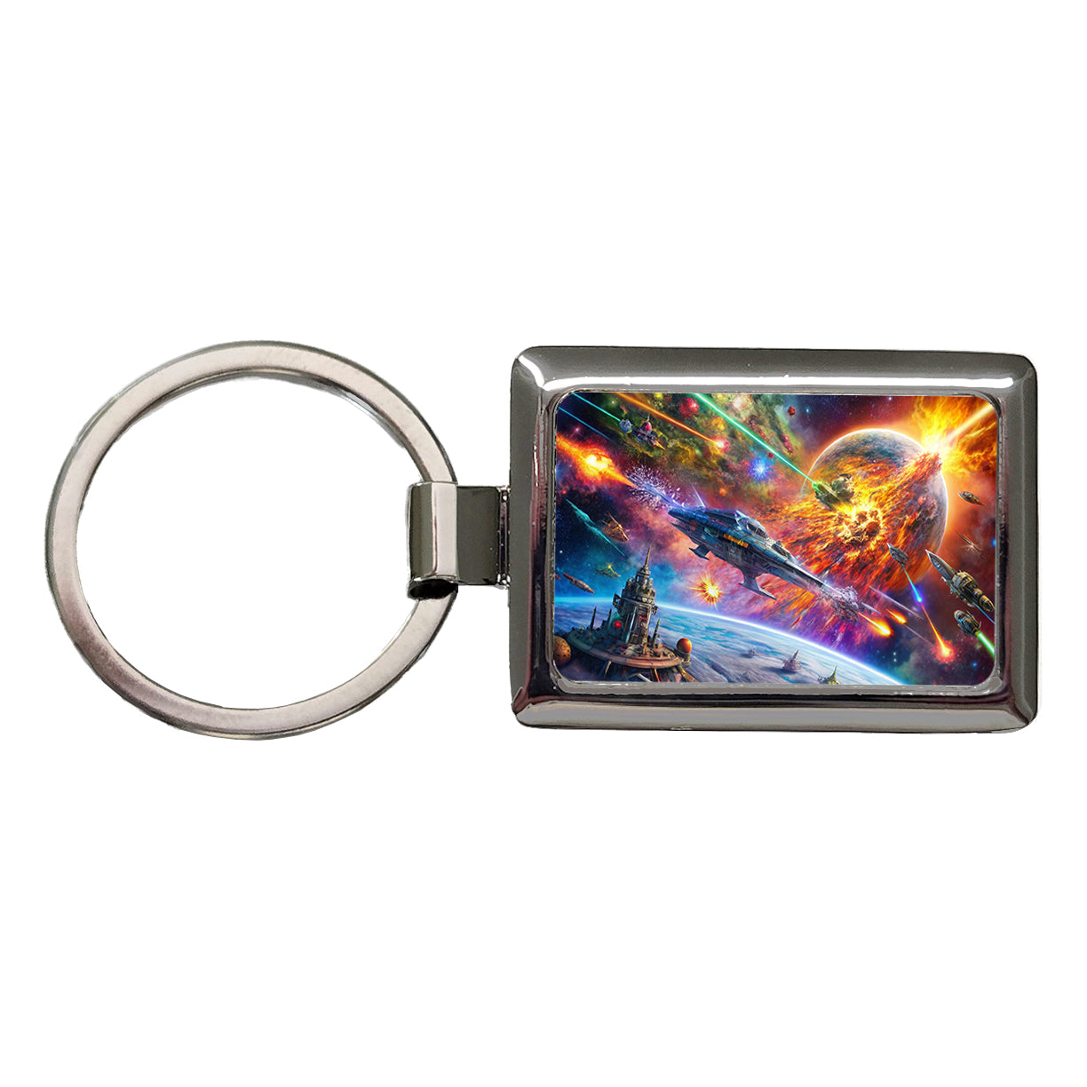 Psychedelic Colorful Space Sci-fi Starship Battle Rectangle Metal Keychain