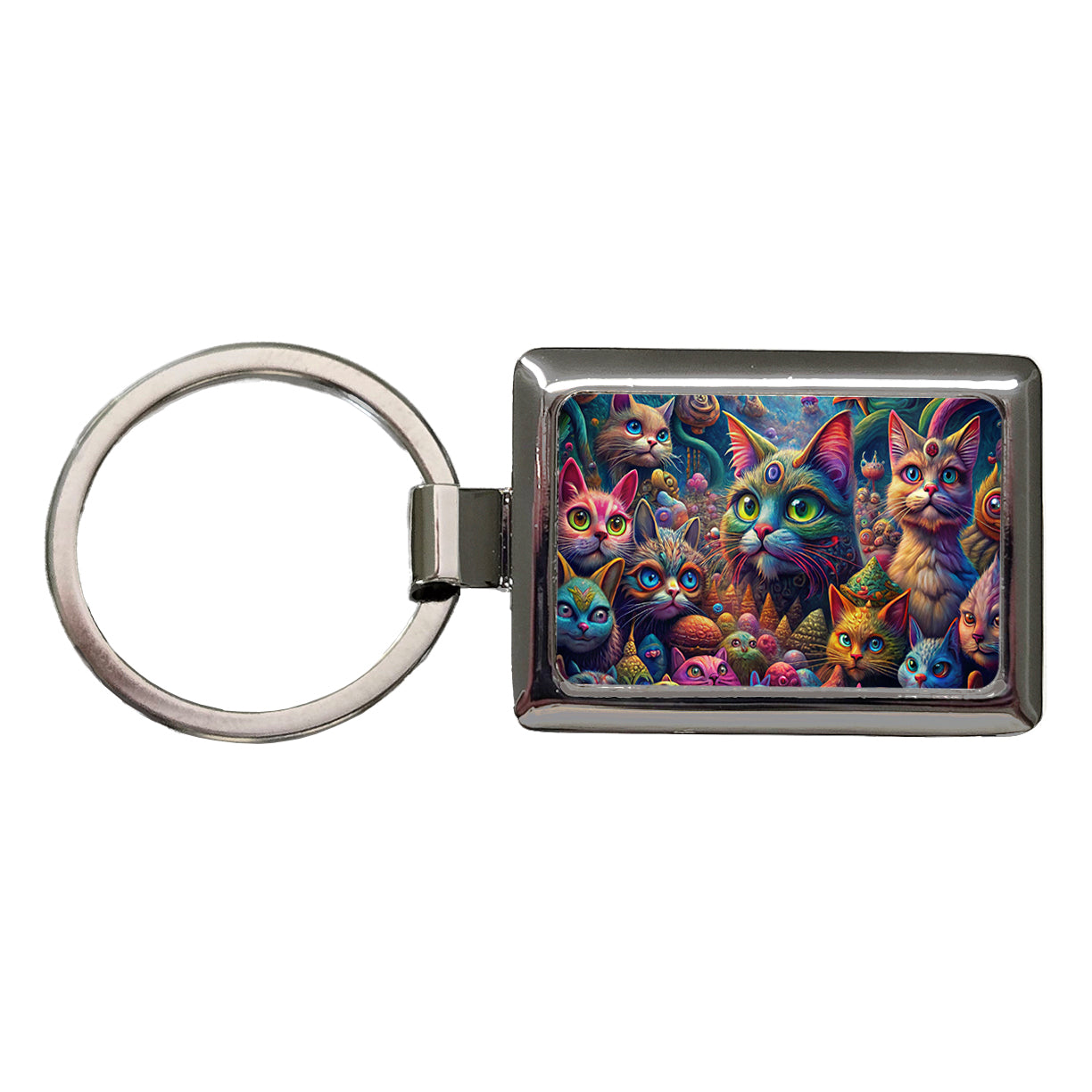 Psychedelic Lots of Cats Vibrant Colors Rectangle Metal Keychain