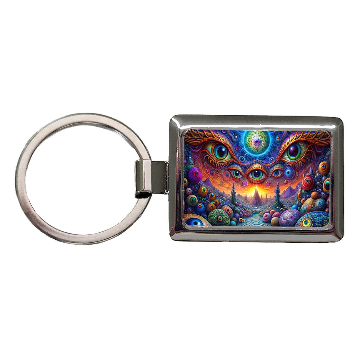 Psychedelic Lots of Eyes Vibrant Colors Rectangle Metal Keychain