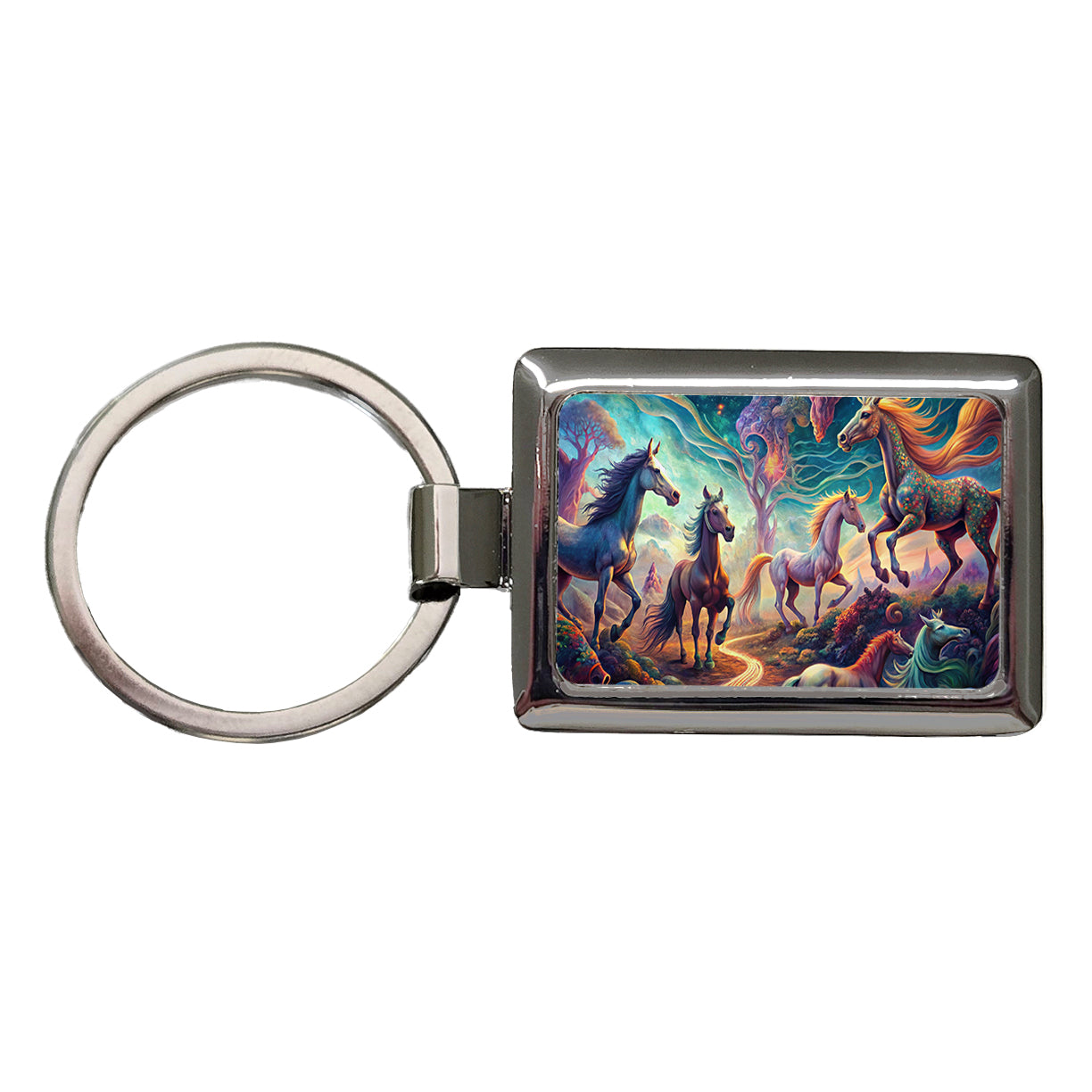 Psychedelic Lots of Horses Vibrant Colors Rectangle Metal Keychain