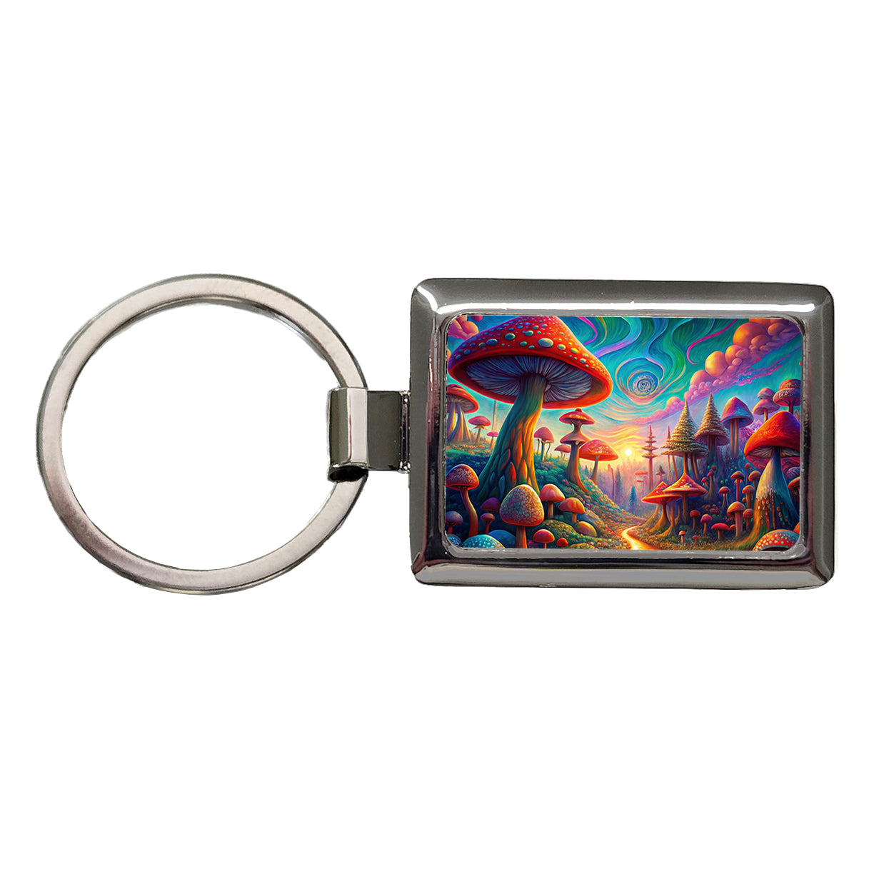 Psychedelic Lots of Mushrooms Vibrant Colors Rectangle Metal Keychain