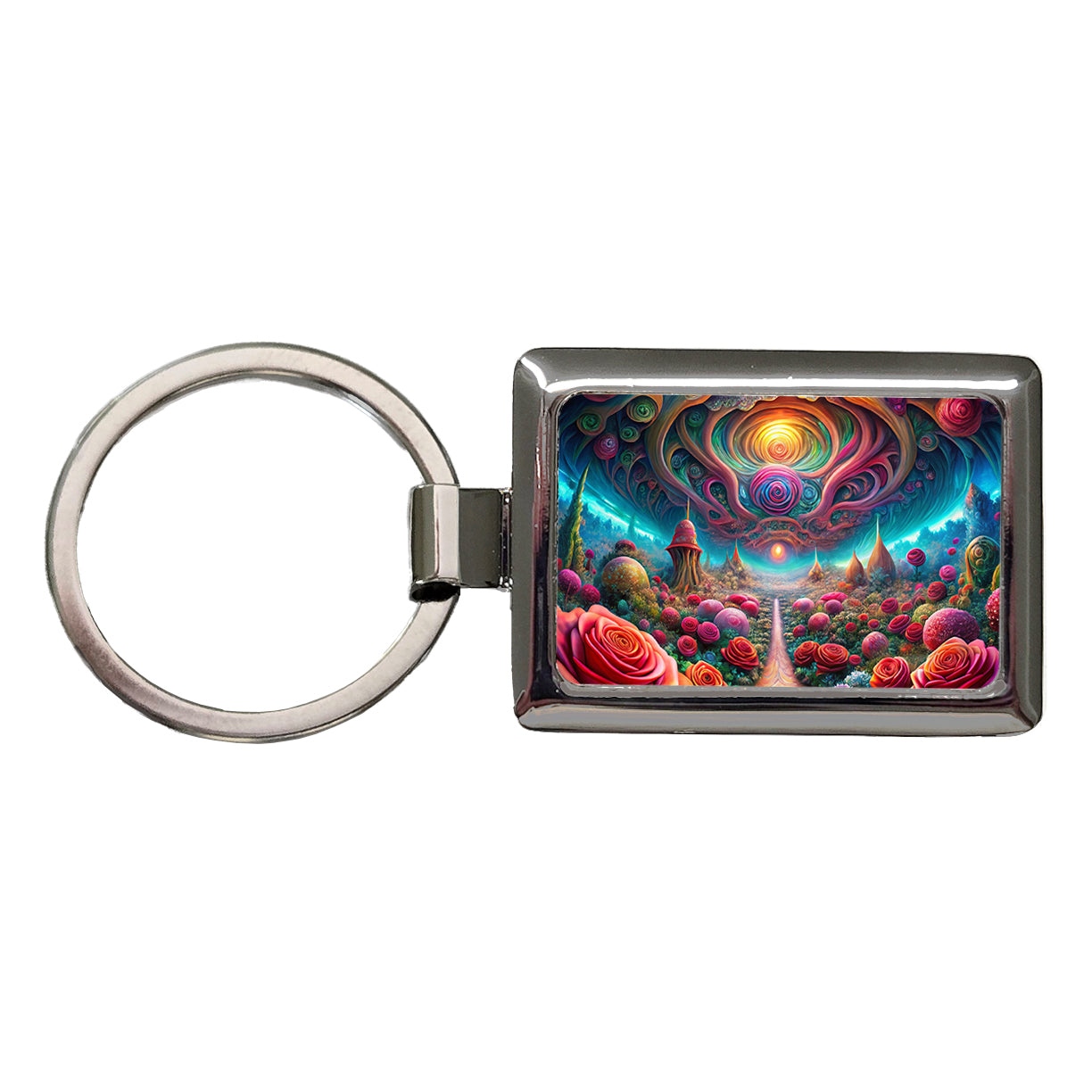 Psychedelic Lots of Roses Vibrant Colors Rectangle Metal Keychain