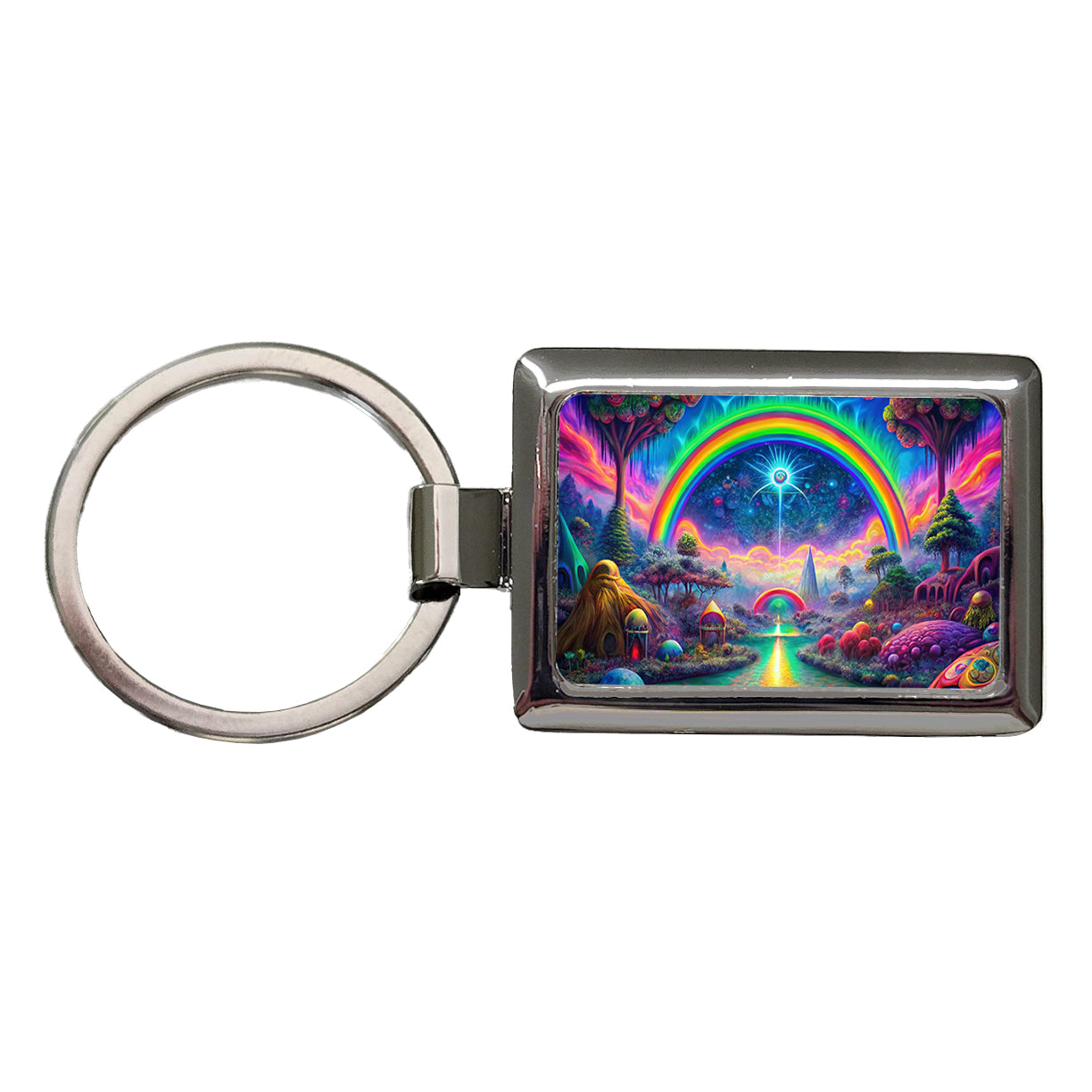 Psychedelic Rainbow Scene Rectangle Metal Keychain