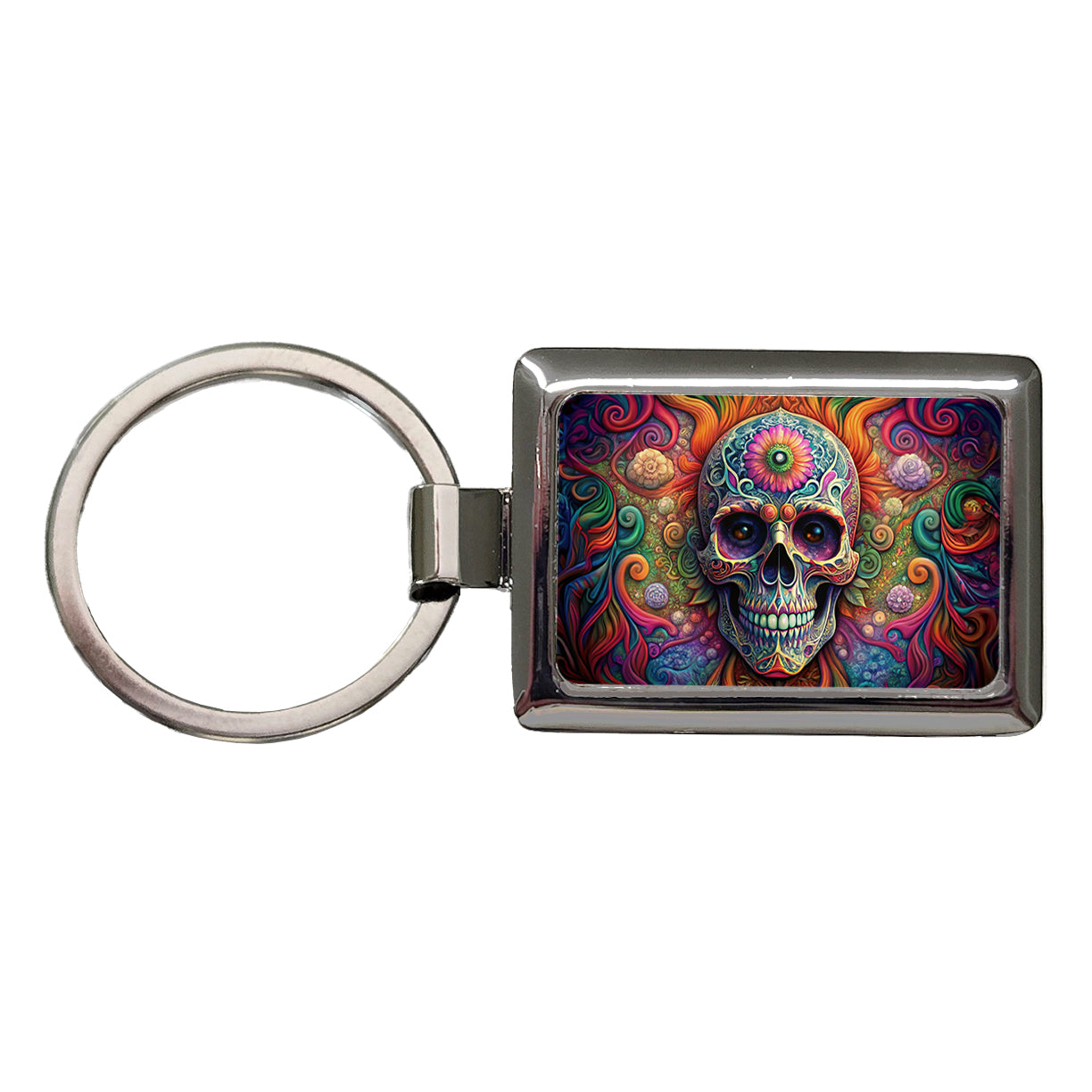 Psychedelic Sugar Skull Day of the Dead Rectangle Metal Keychain