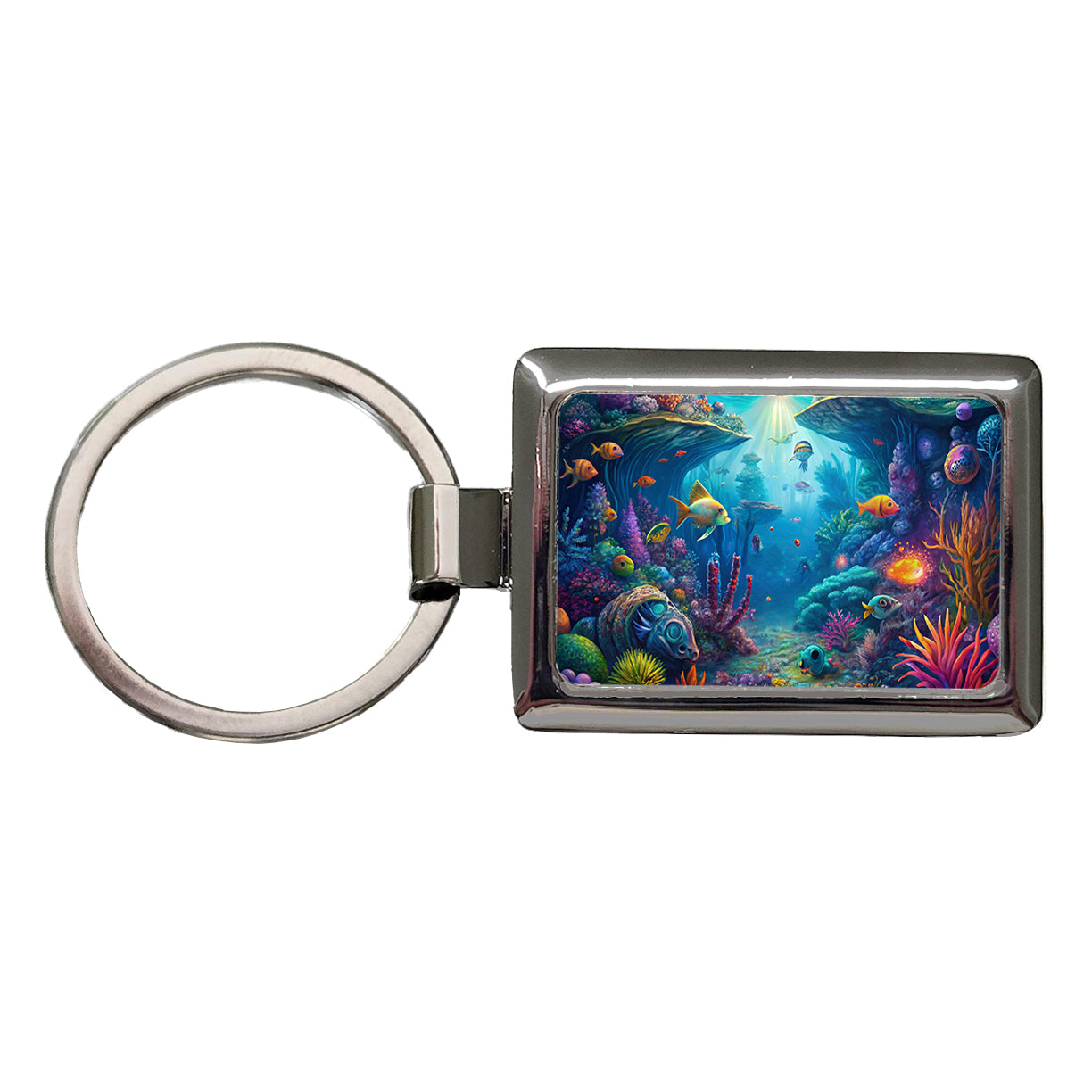 Psychedelic Underwater Ocean Scene Rectangle Metal Keychain