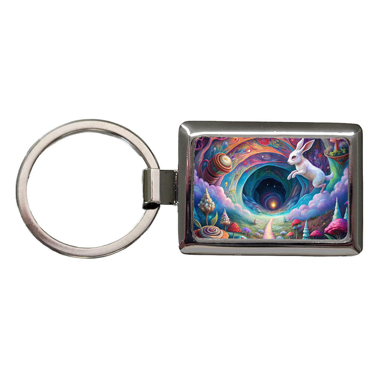 Psychedelic Wonderland White Rabbit Going Down The Hole Rectangle Metal Keychain
