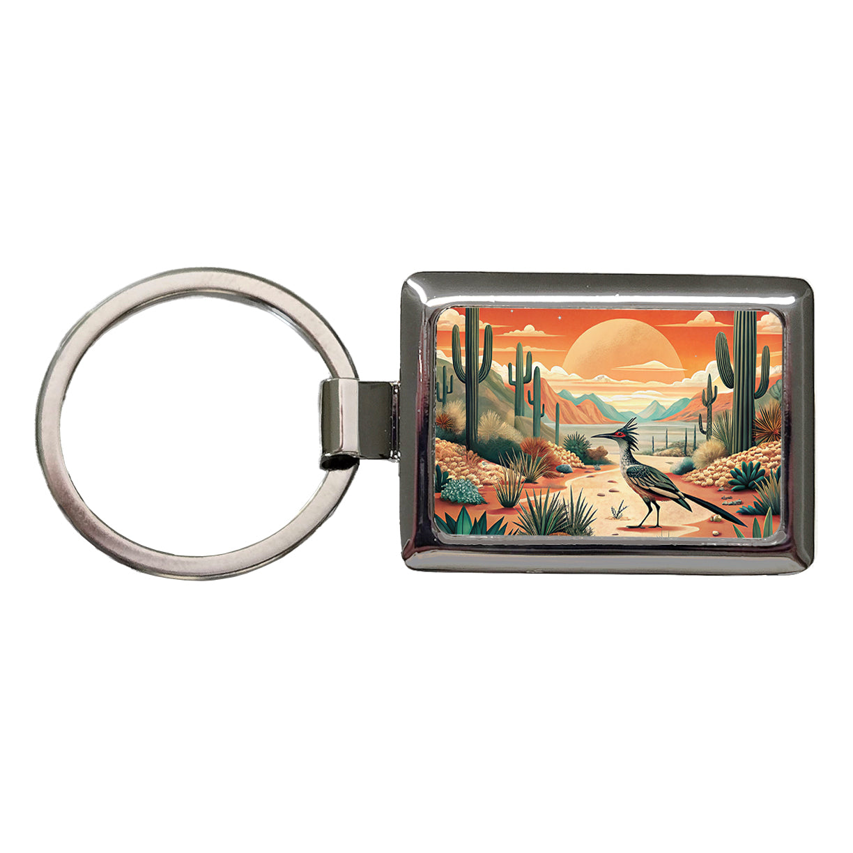 Southwestern Desert Sunrise Roadrunner Design Rectangle Metal Keychain