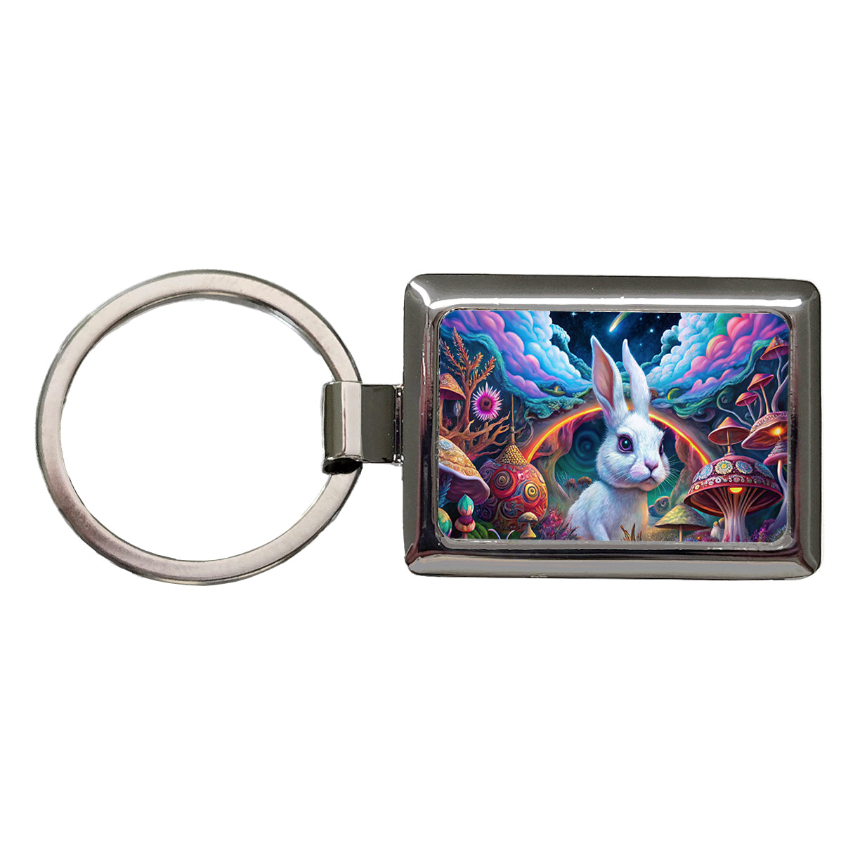 White Rabbit Psychedelic Trippy Wonderland Design Rectangle Metal Keychain