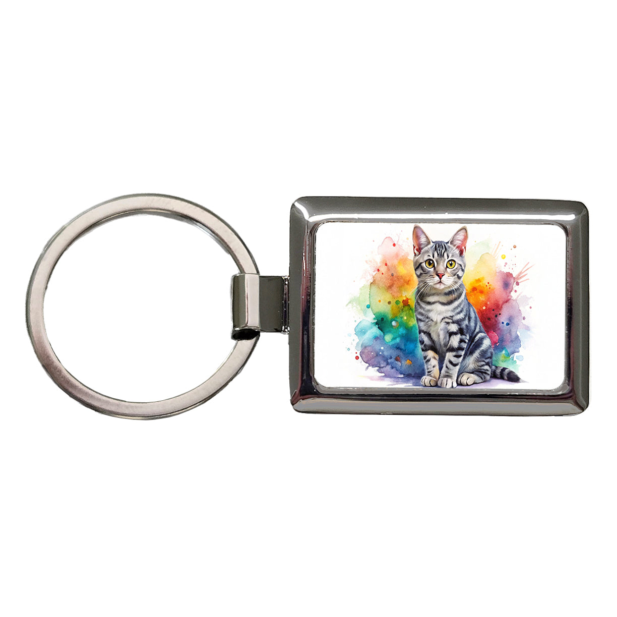 American Shorthair Cat Watercolor Style Rectangle Metal Keychain