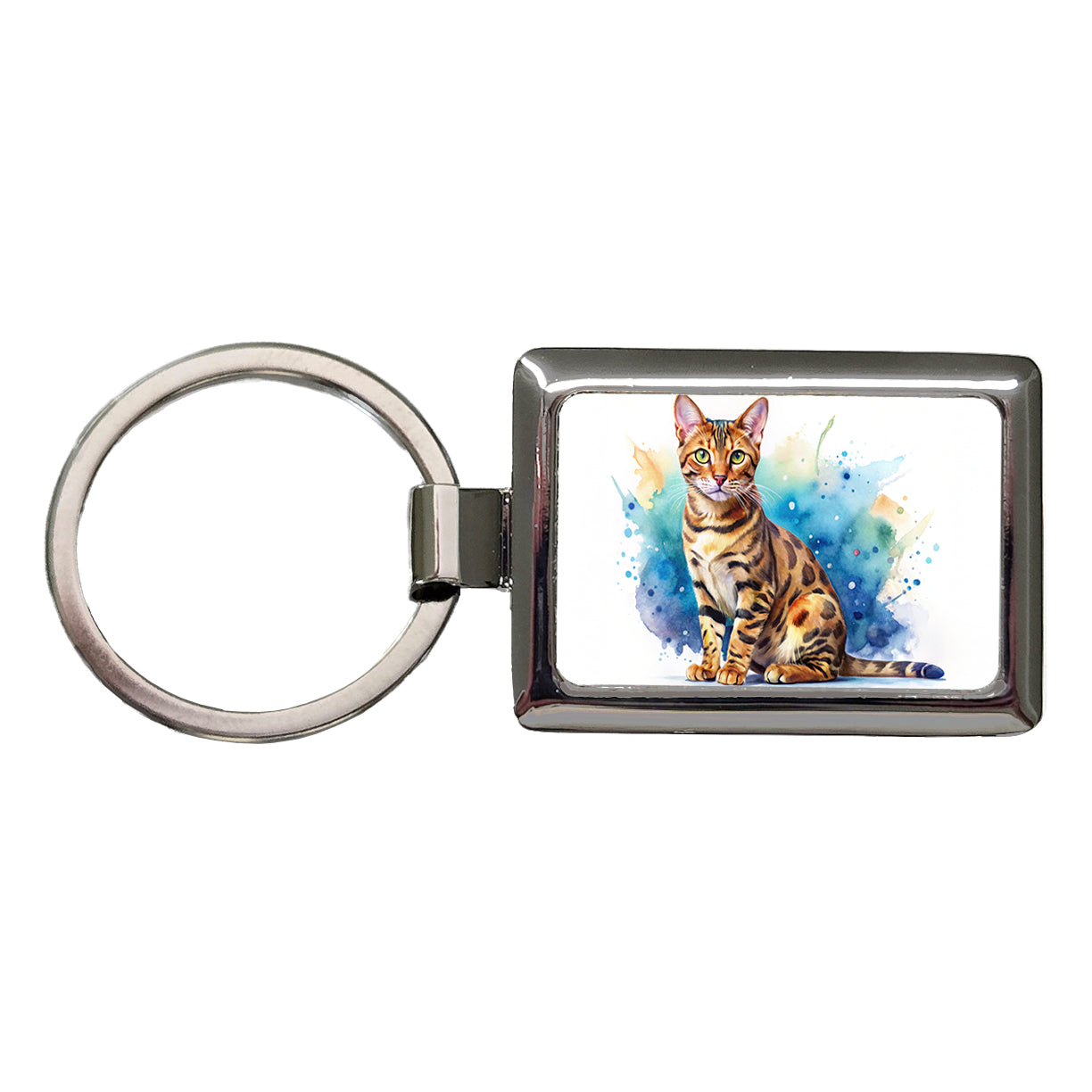 Bengal Cat Watercolor Style Rectangle Metal Keychain