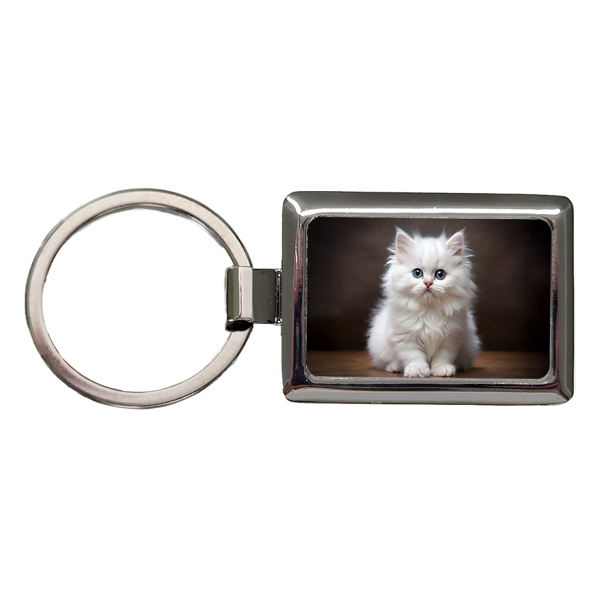 British Longhair White Cat Kitten Photo Rectangle Metal Keychain