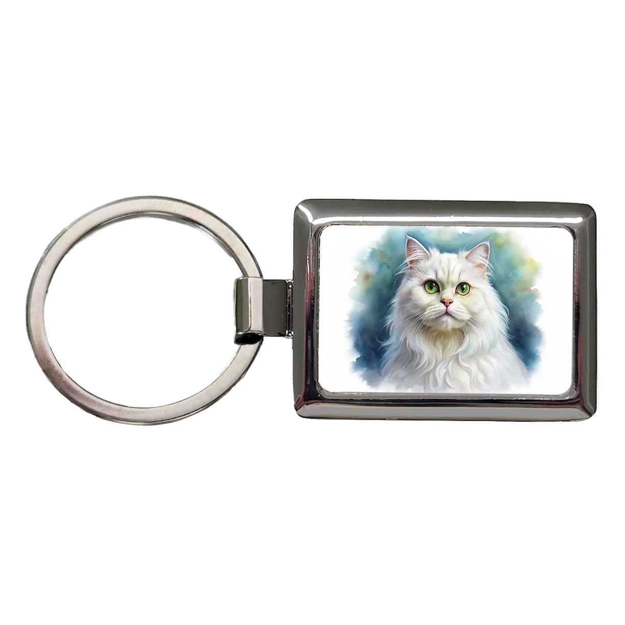 Classic Persian White Cat Watercolor Style Rectangle Metal Keychain